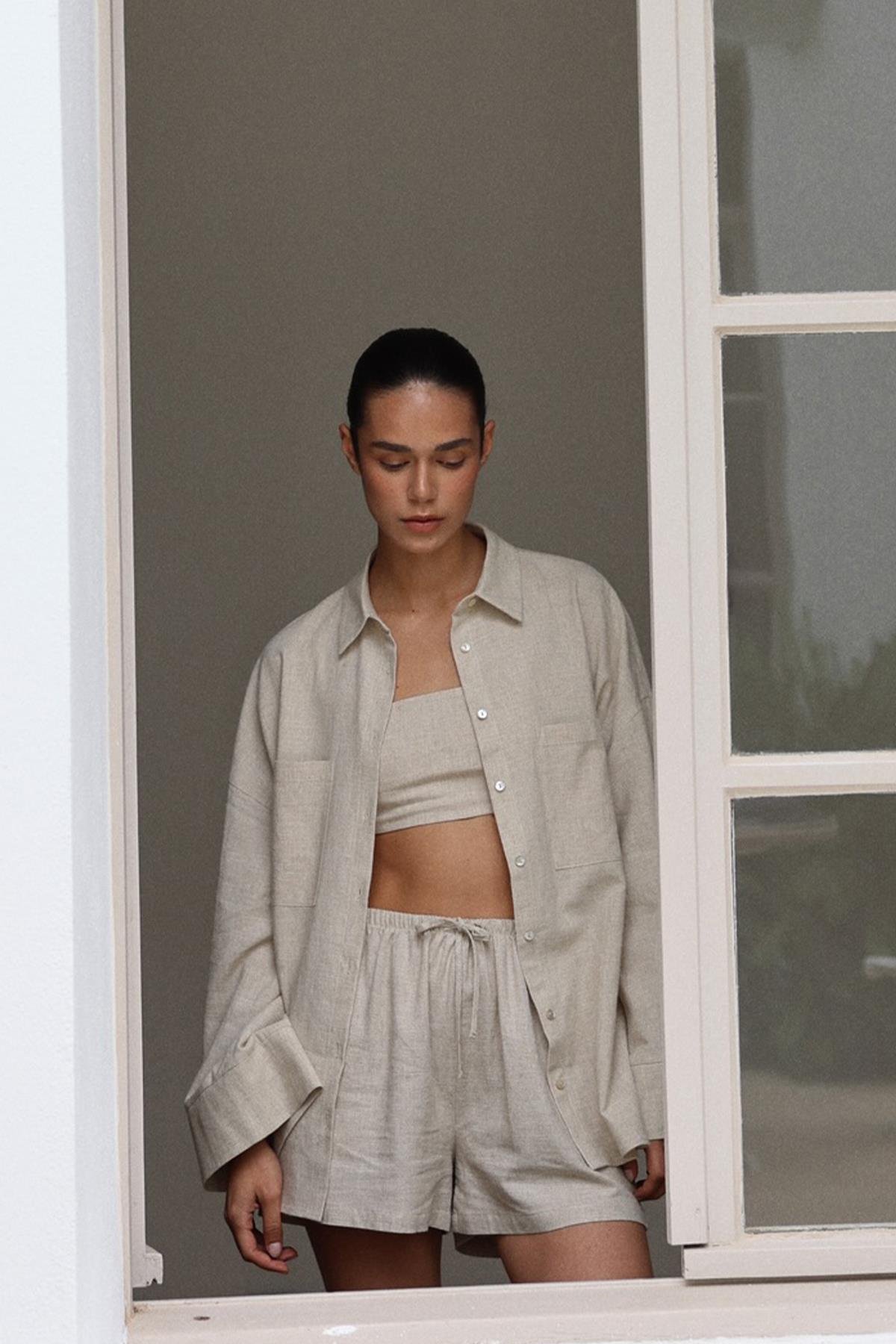 Natürel Barley Lastikli Keten Şort