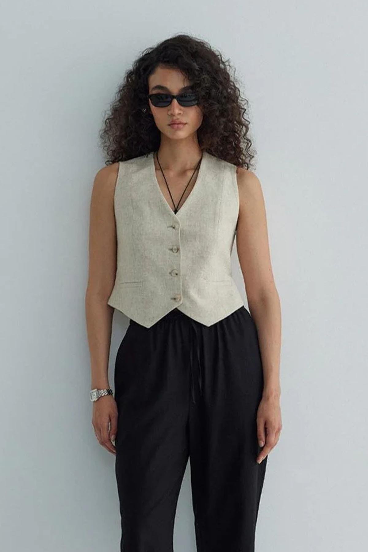 Natürel Gabriel Düğmeli Keten Yelek