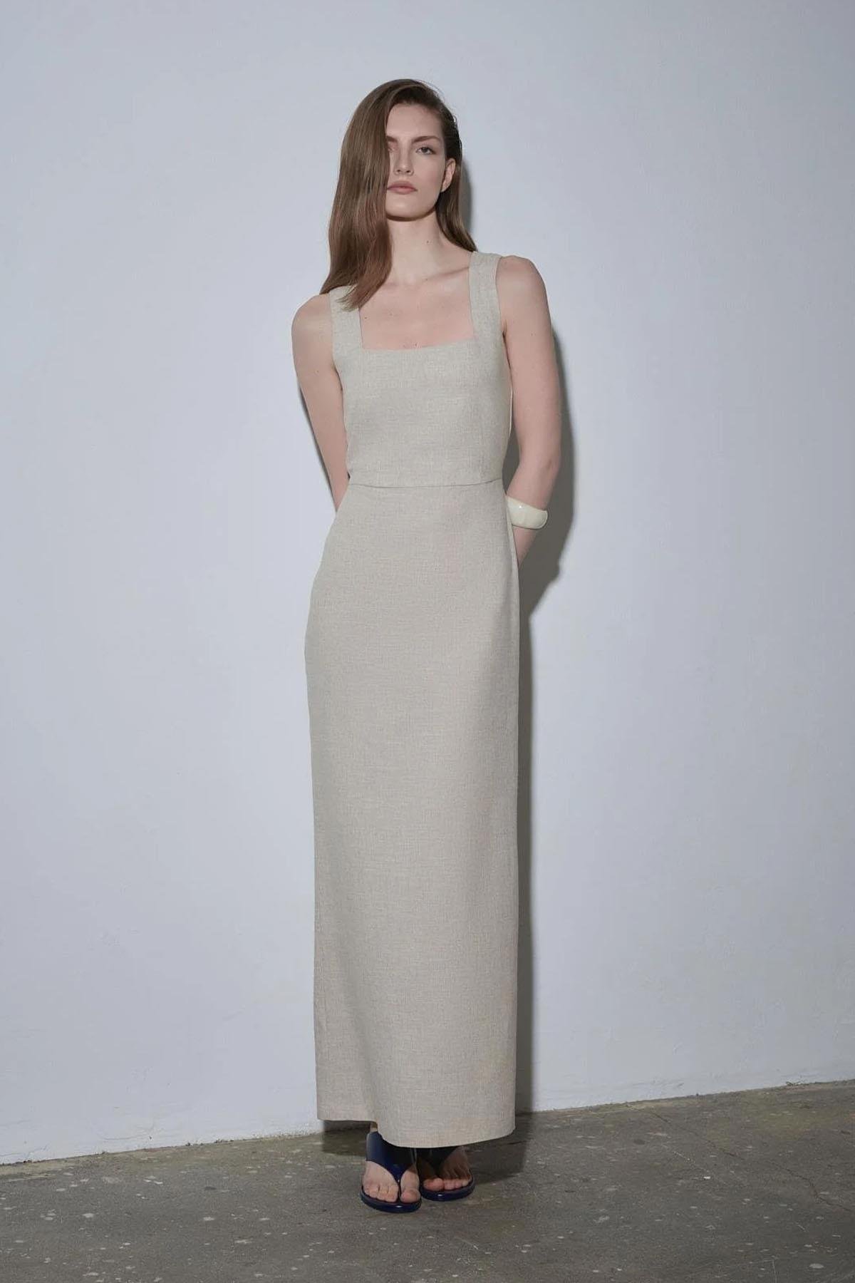 Natürel Monik Kare Yaka Keten Elbise