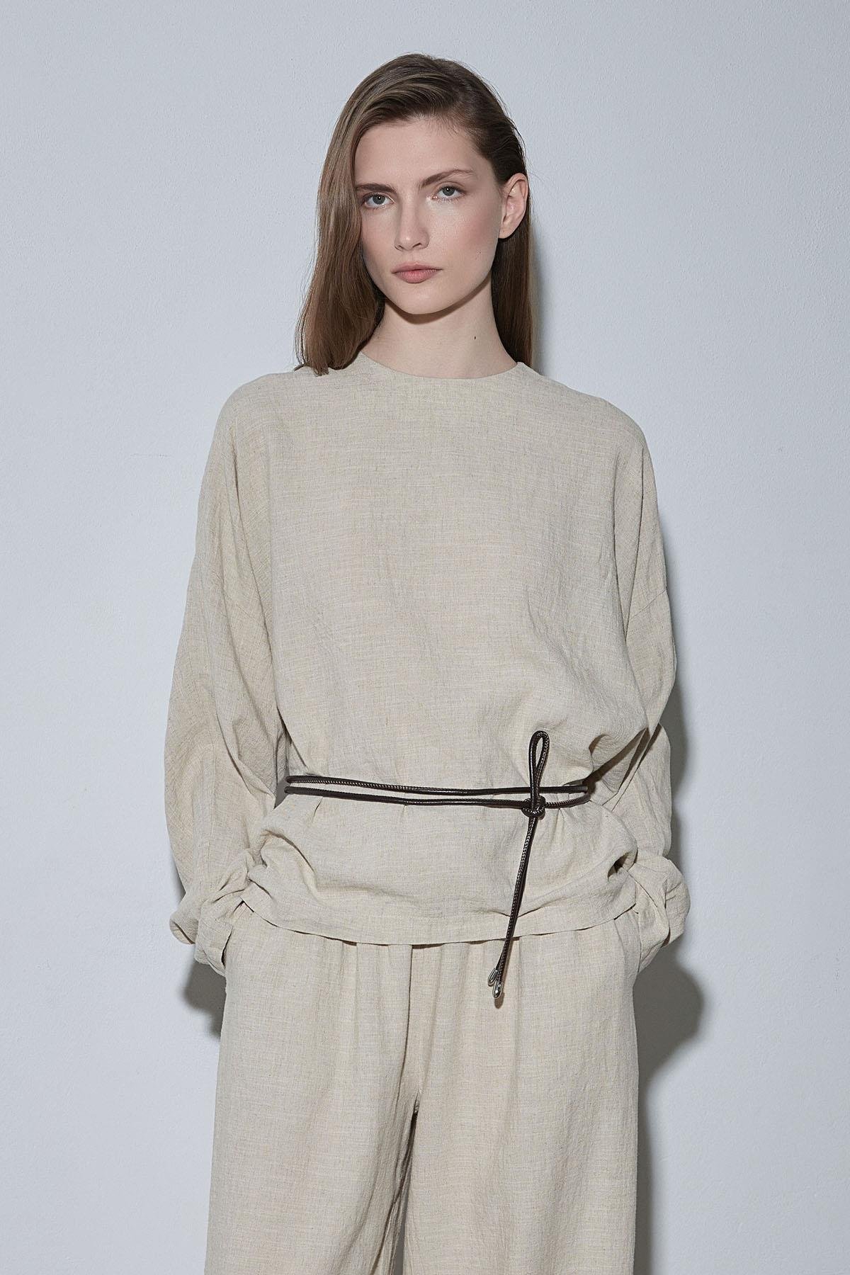 Natürel Ole Oversize Keten Bluz