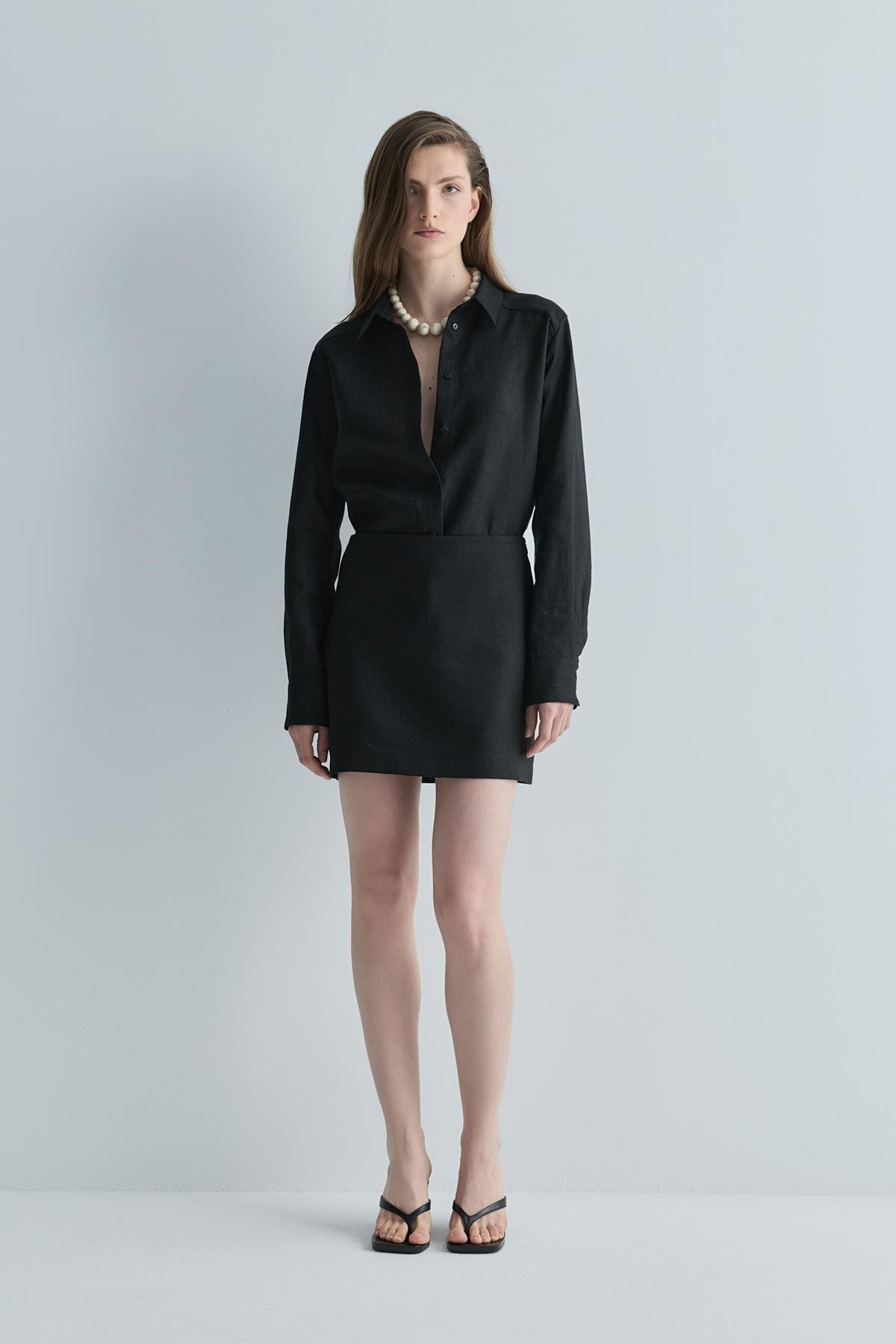 Siyah %100 Keten Nora Basic Etek