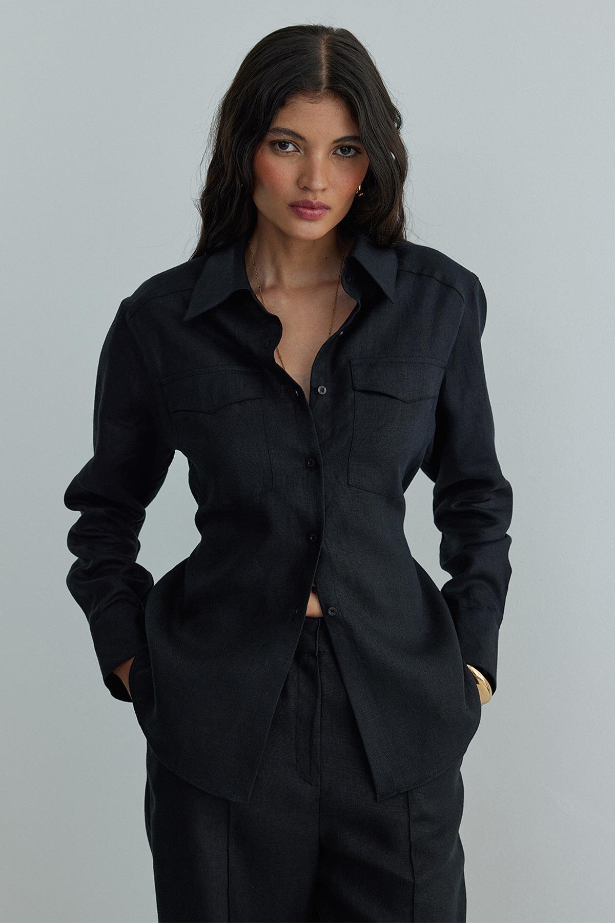 Siyah %100 Keten Oyster Beli Kemerli Gömlek