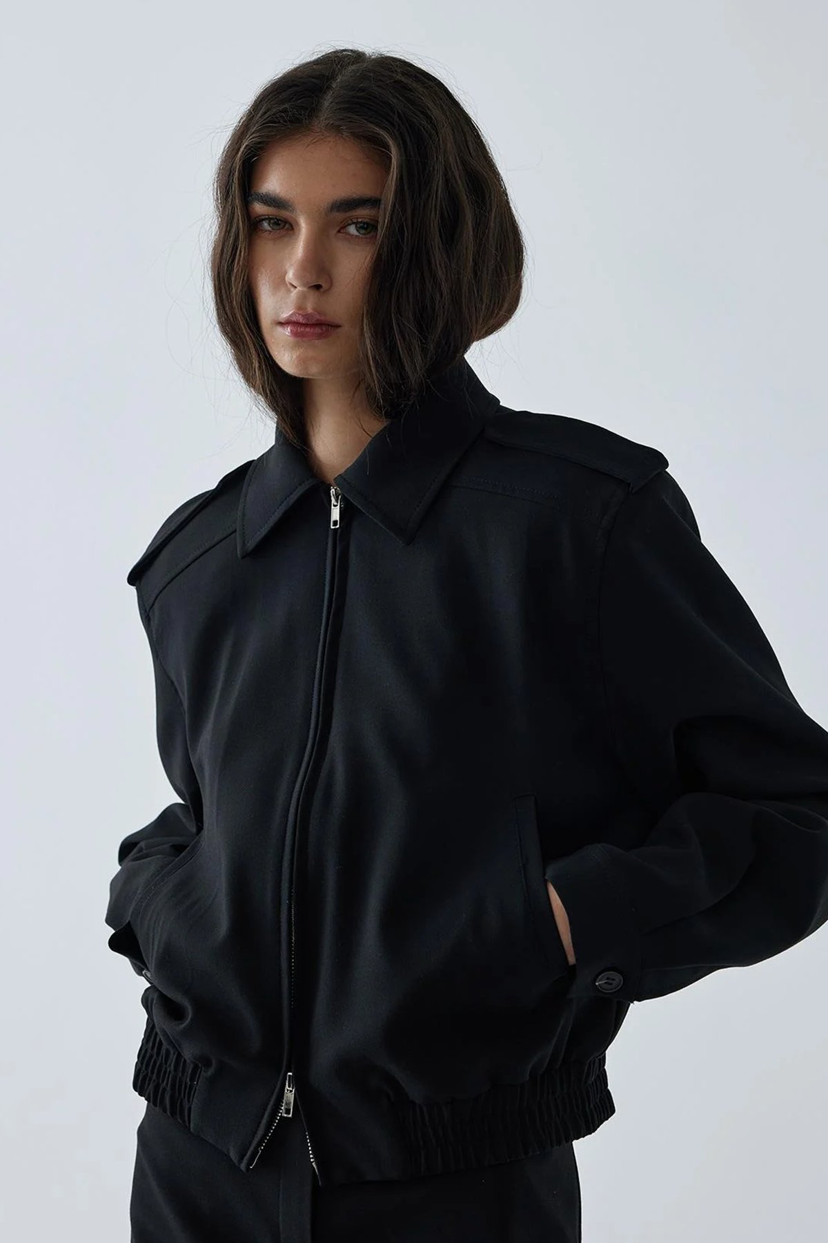 Siyah Cooper Crop Bomber Ceket