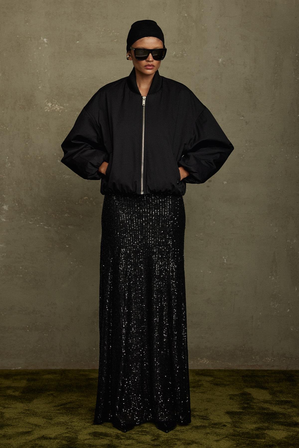 Siyah Sheen Payetli Maxi Etek