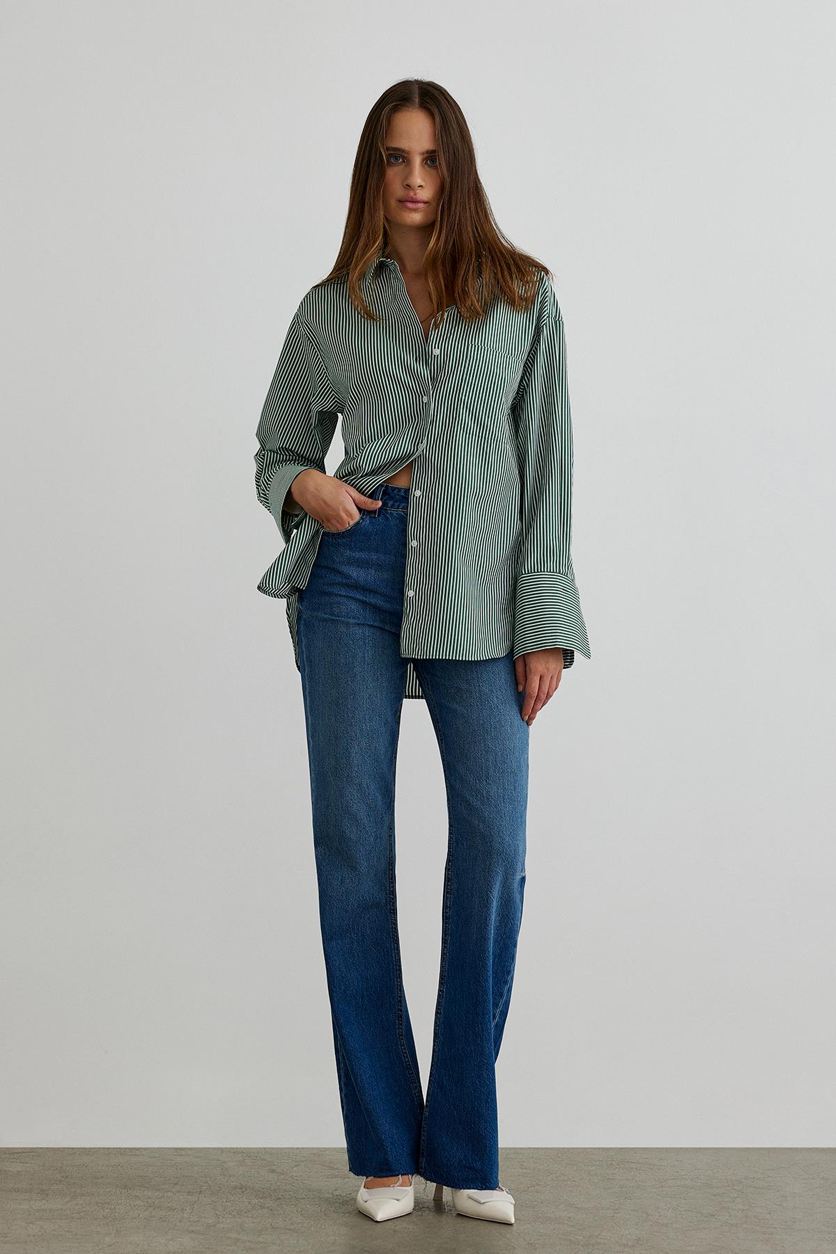 Yeşil City Çizgili Poplin Gömlek