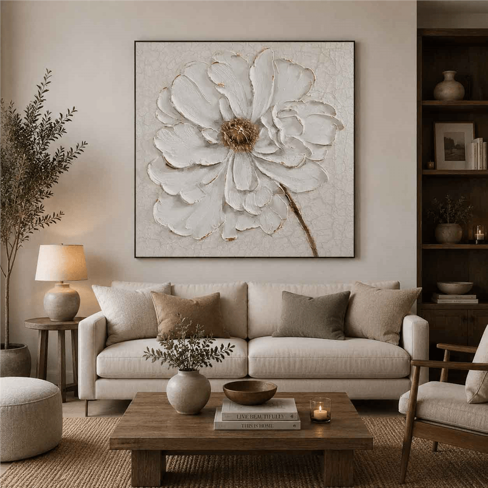 ALTIN DESENLİ BEYAZ ÇİÇEK YOĞUN YAĞLI BOYA DOKULU TABLO