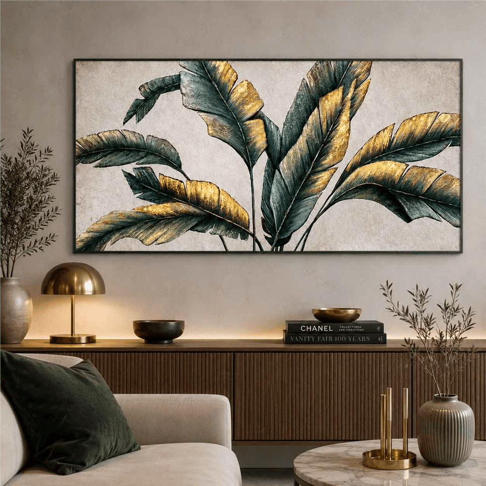 UZUN ALTIN DESENLİ YAPRAKLAR YAĞLI BOYA DOKULU TABLO