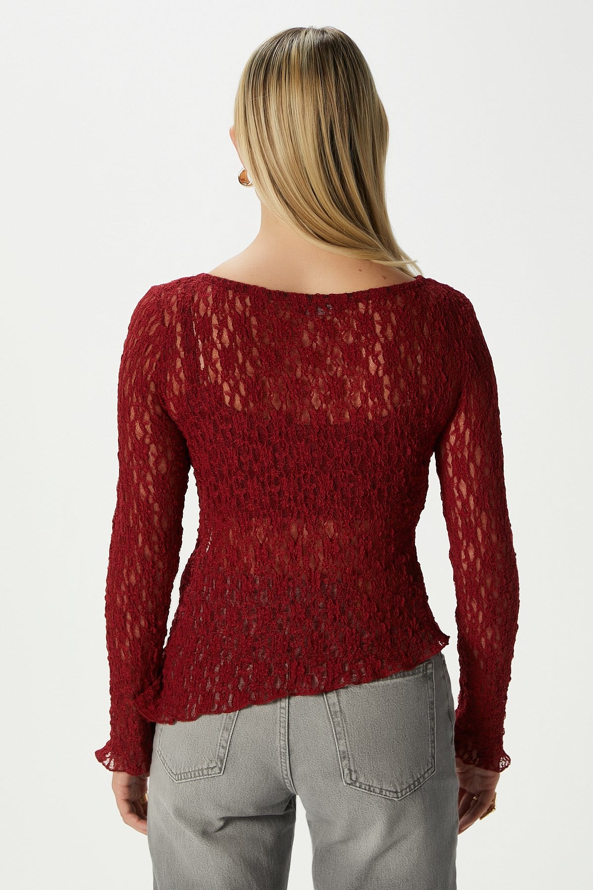 Angel Asimetrik Bordo Uzun Kollu Dantel Top / Bluz