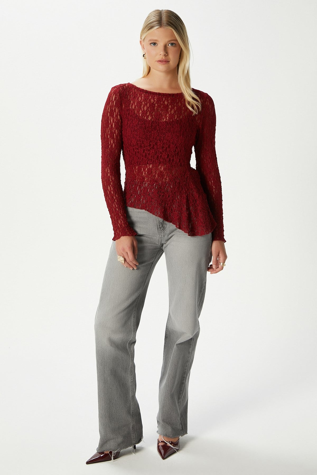 Angel Asimetrik Bordo Uzun Kollu Dantel Top / Bluz