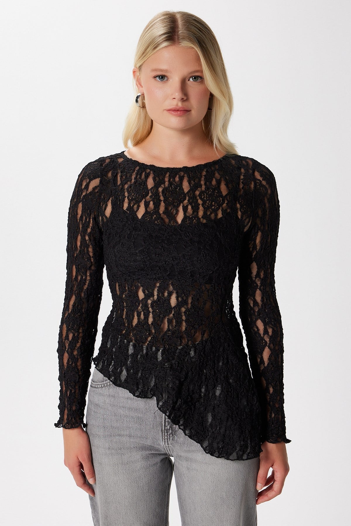 Angel Asimetrik Siyah Uzun Kollu Dantel Top / Bluz