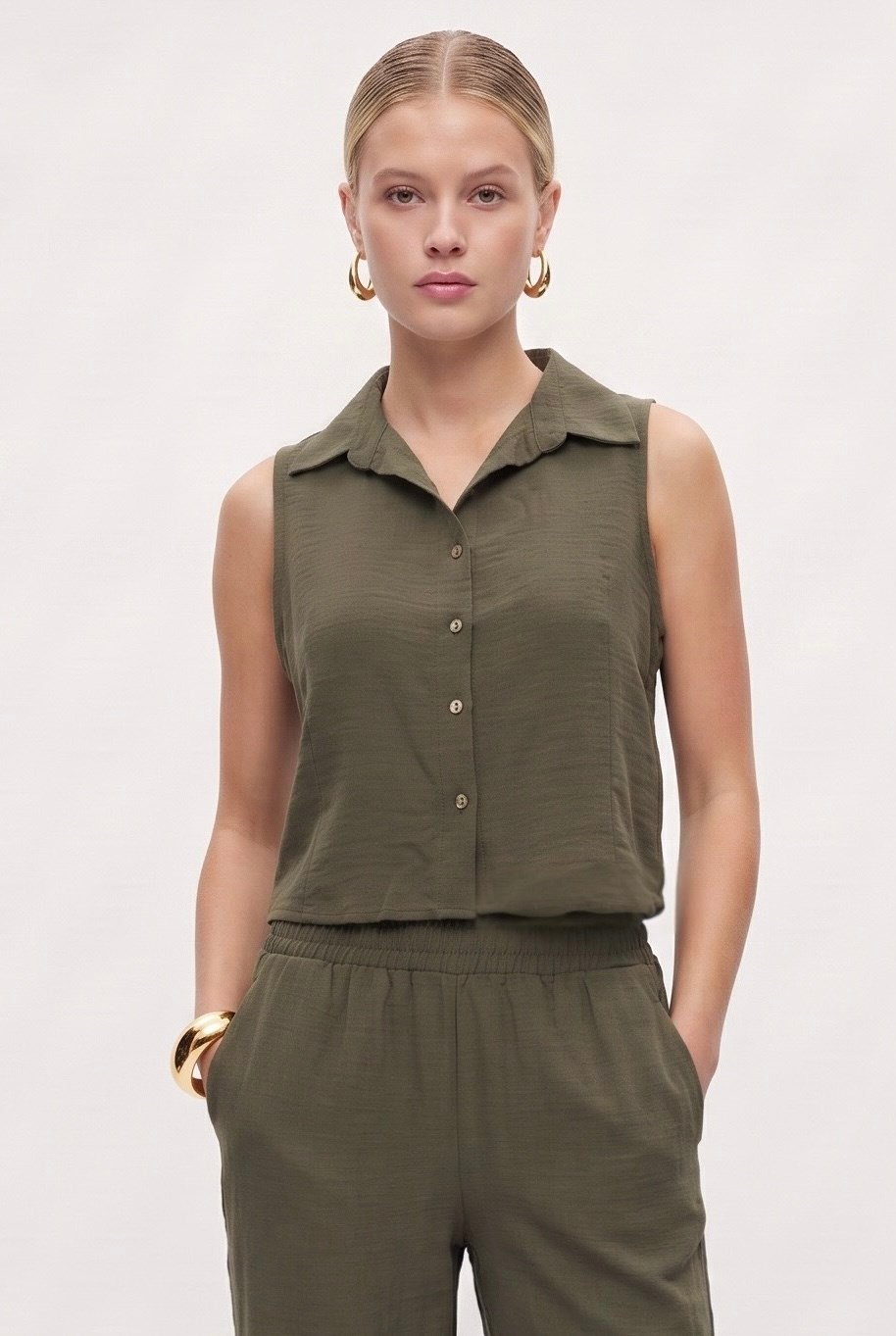 Kadın Alfie Sıfır Kol Gömlek Bel Lastikli Pantolon Dokuma Haki Alt Üst Takım