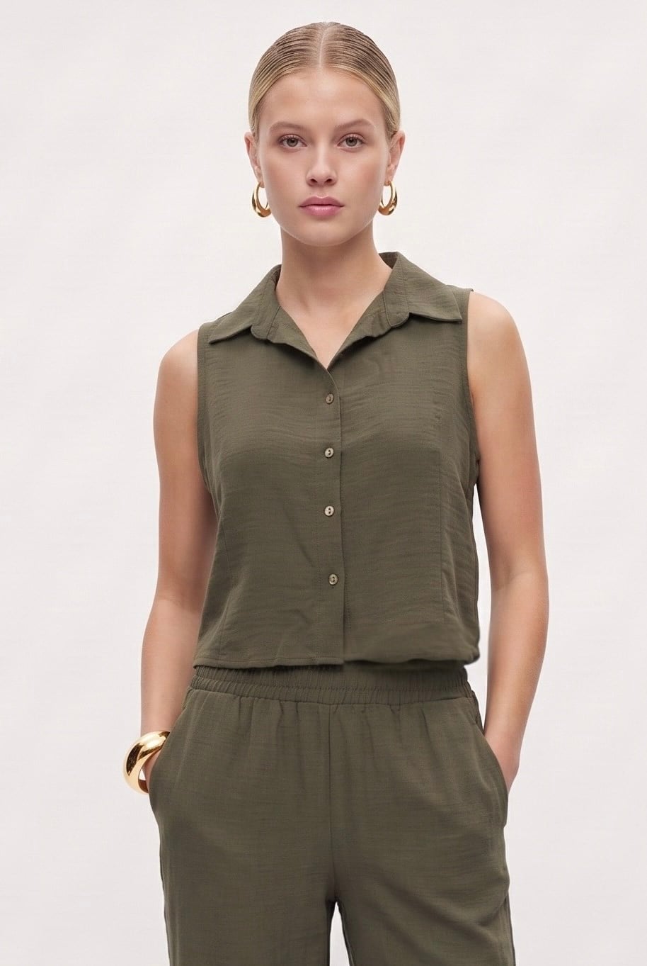Kadın Alfie Sıfır Kol Gömlek Bel Lastikli Pantolon Dokuma Haki Alt Üst Takım
