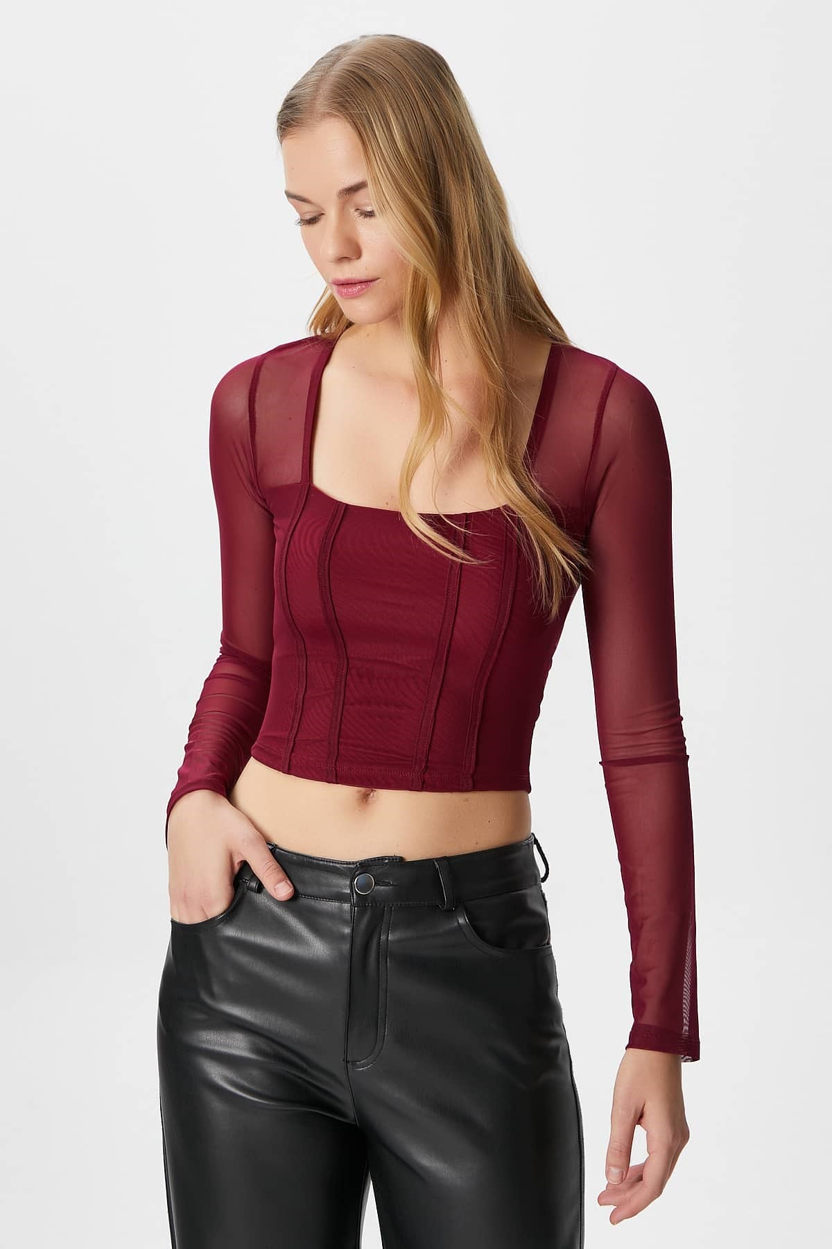 Kadın Alina Korse Görünümlü Bordo Tül Crop Bluz