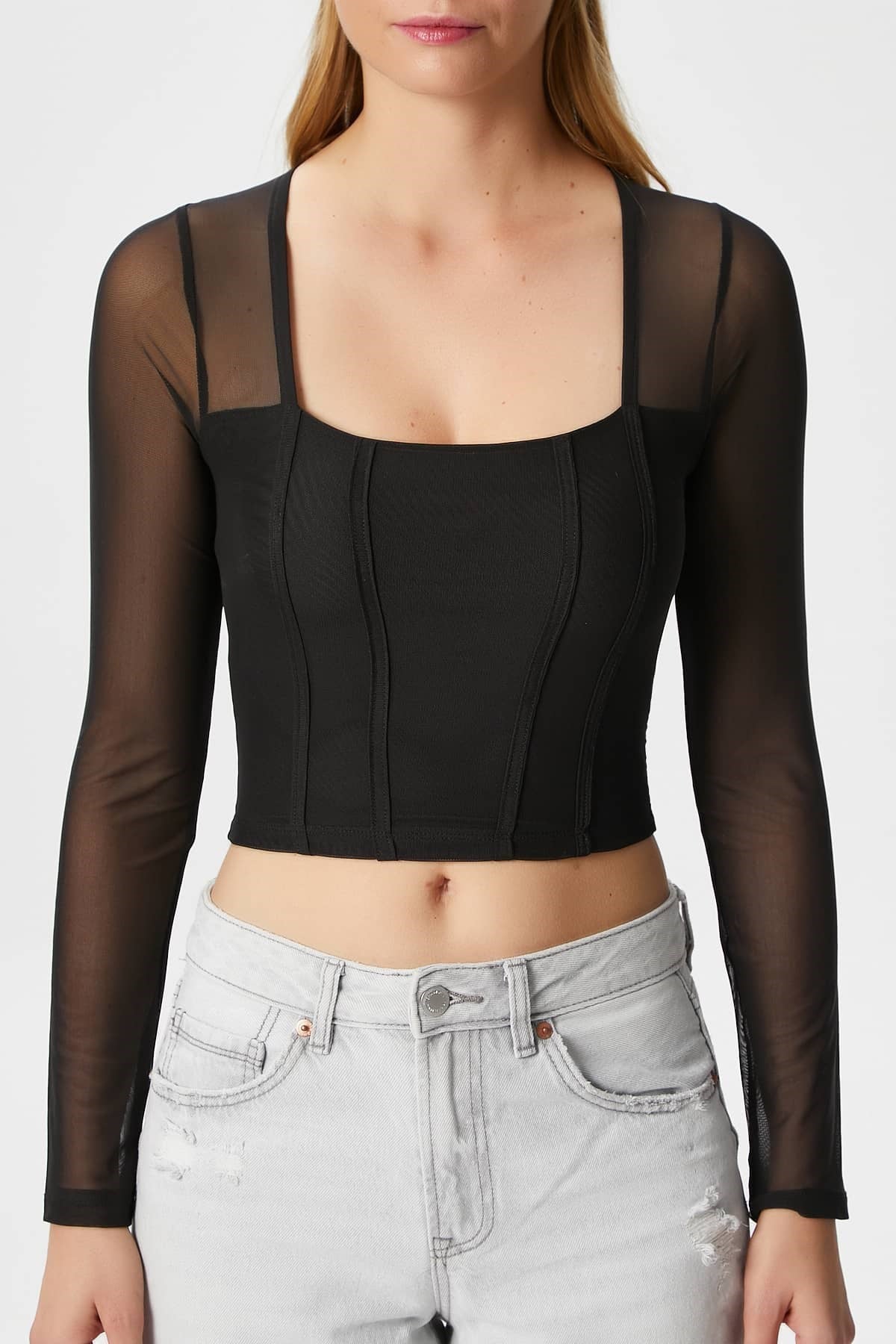 Kadın Alina Korse Görünümlü Siyah Tül Crop Bluz