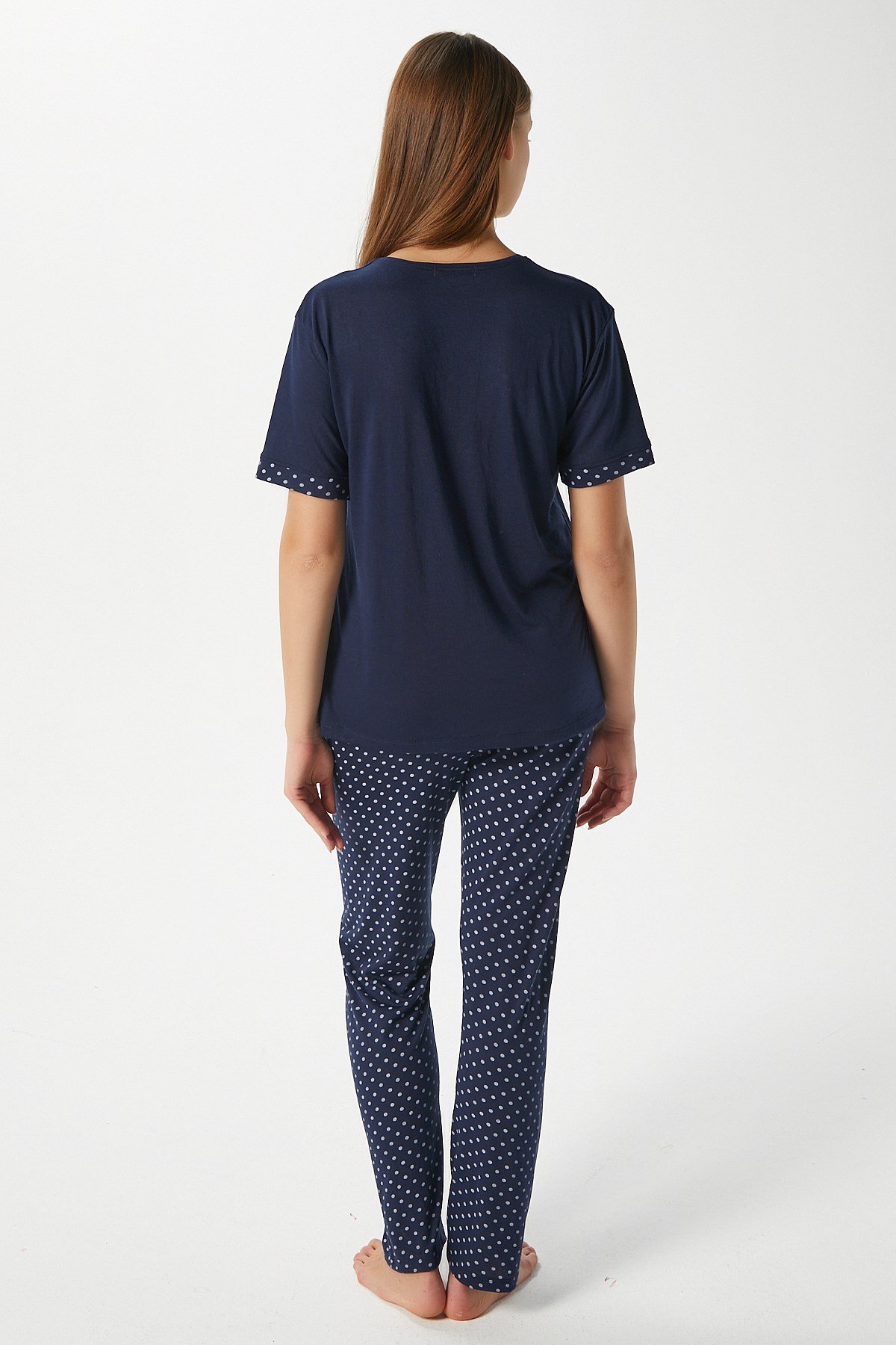 Kadın Always Viskon Bisiklet Yaka Kısa Kol Lacivert Alt Üst Pijama Takımı