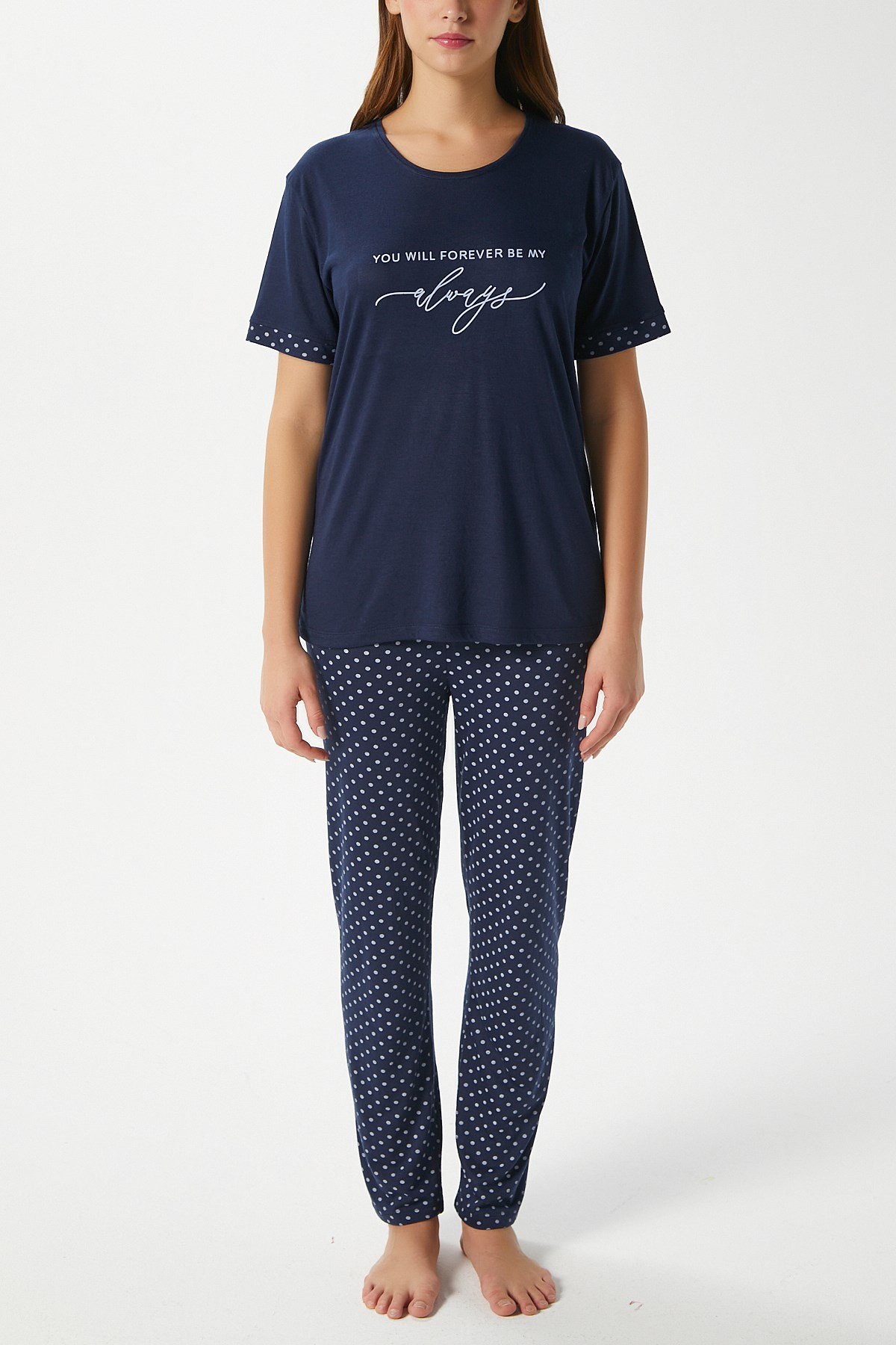 Kadın Always Viskon Bisiklet Yaka Kısa Kol Lacivert Alt Üst Pijama Takımı