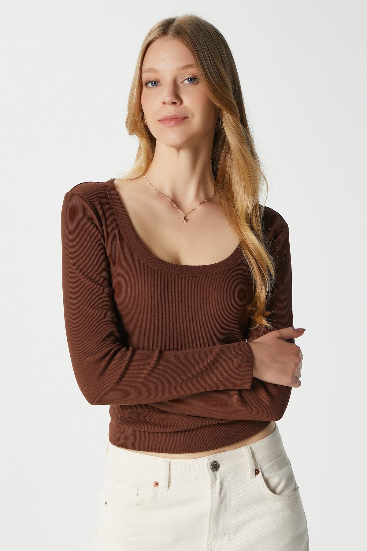 Kadın Anita Tok Doku Pamuklu Fittili Kahverengi Basic Bluz