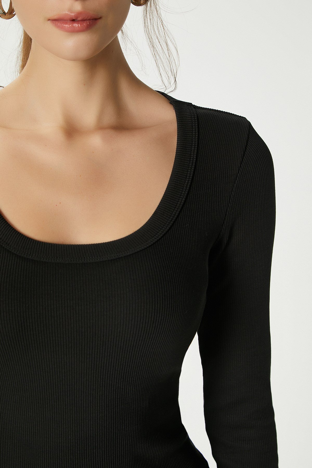 Kadın Anita Tok Doku Pamuklu Fittili Siyah Basic Bluz