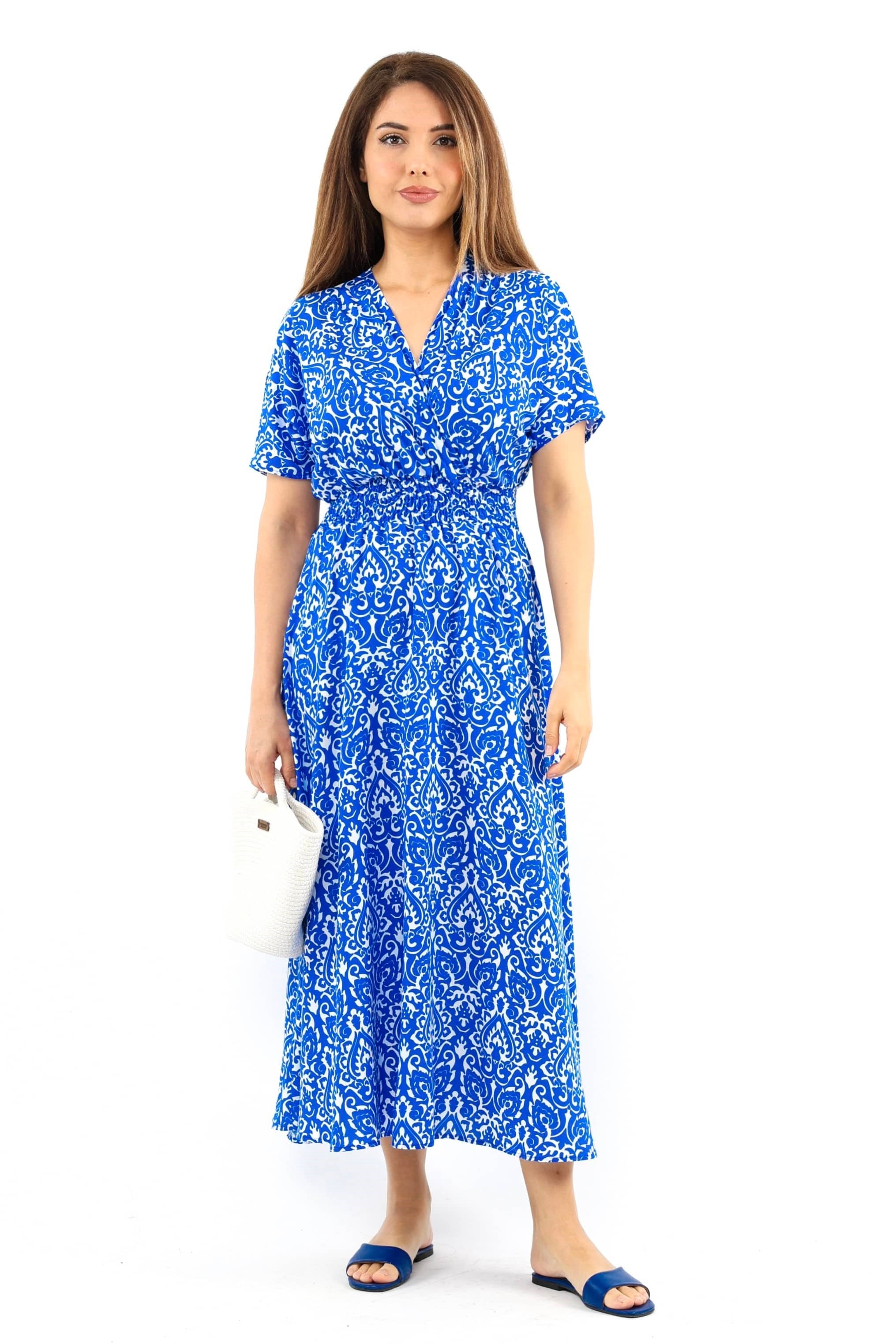 Kadın Aren Mavi Beyaz Midi Boy Viskon Elbise