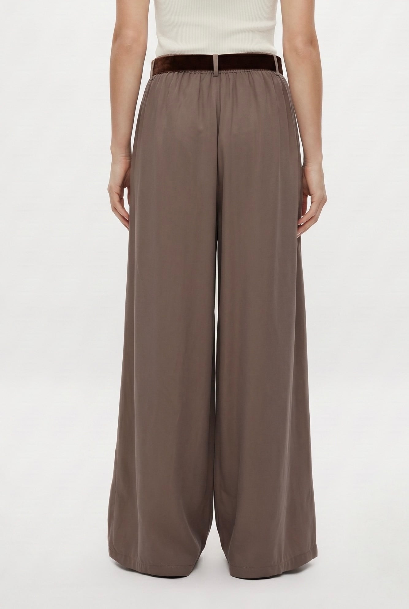 Kadın Aviva Dokuma Modal Kemerli Bel Lastikli Ultra Geniş Paça Vizon Pantolon