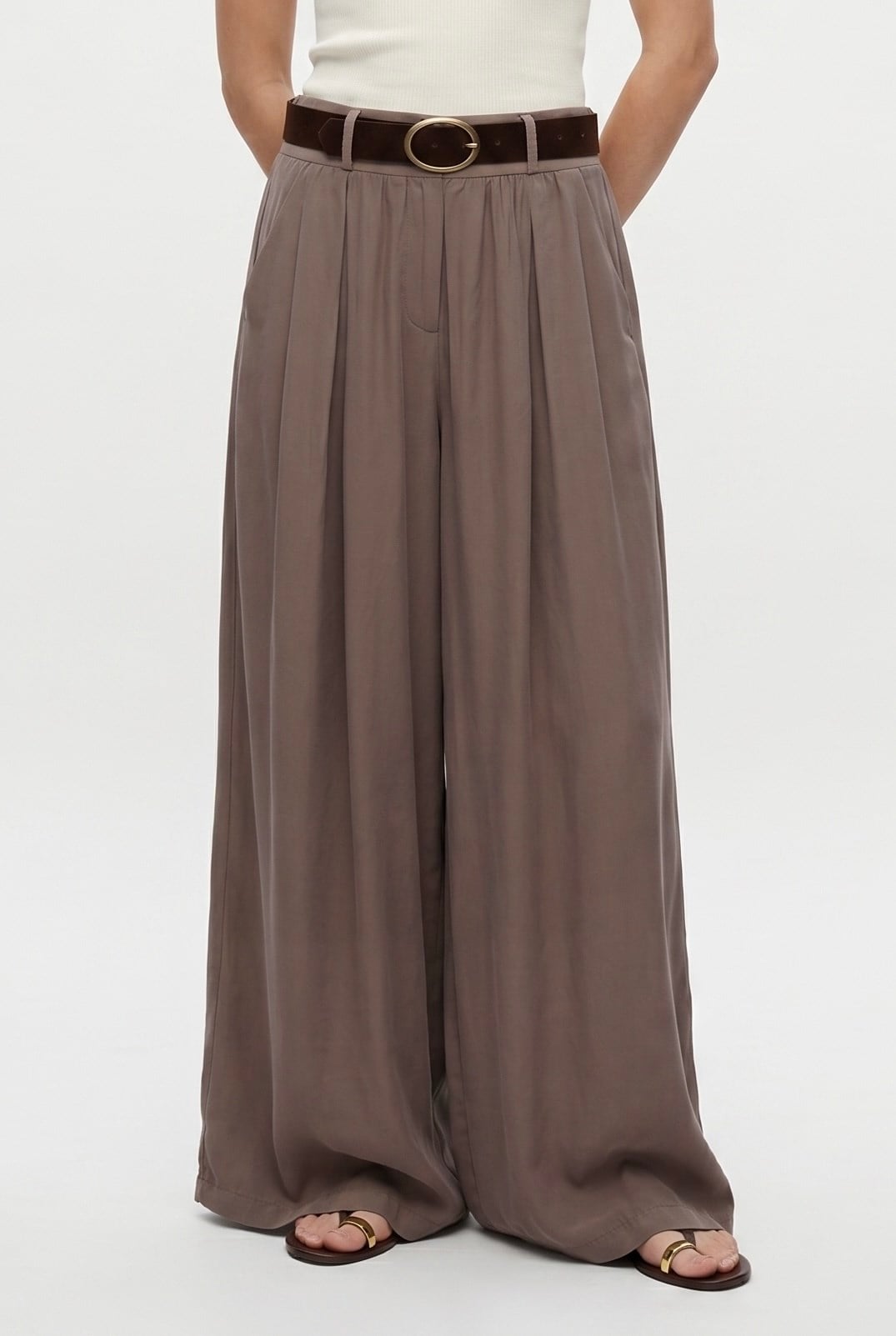 Kadın Aviva Dokuma Modal Kemerli Bel Lastikli Ultra Geniş Paça Vizon Pantolon
