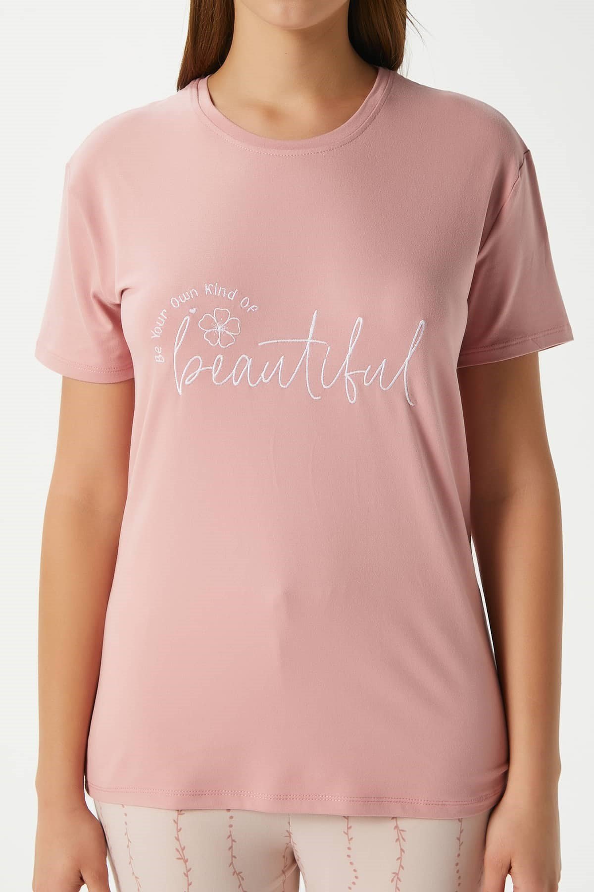 Kadın Beautiful Yumuşak Doku Pudra Bisiklet Yaka Kısa Kollu Alt Üst Pijama Takımı