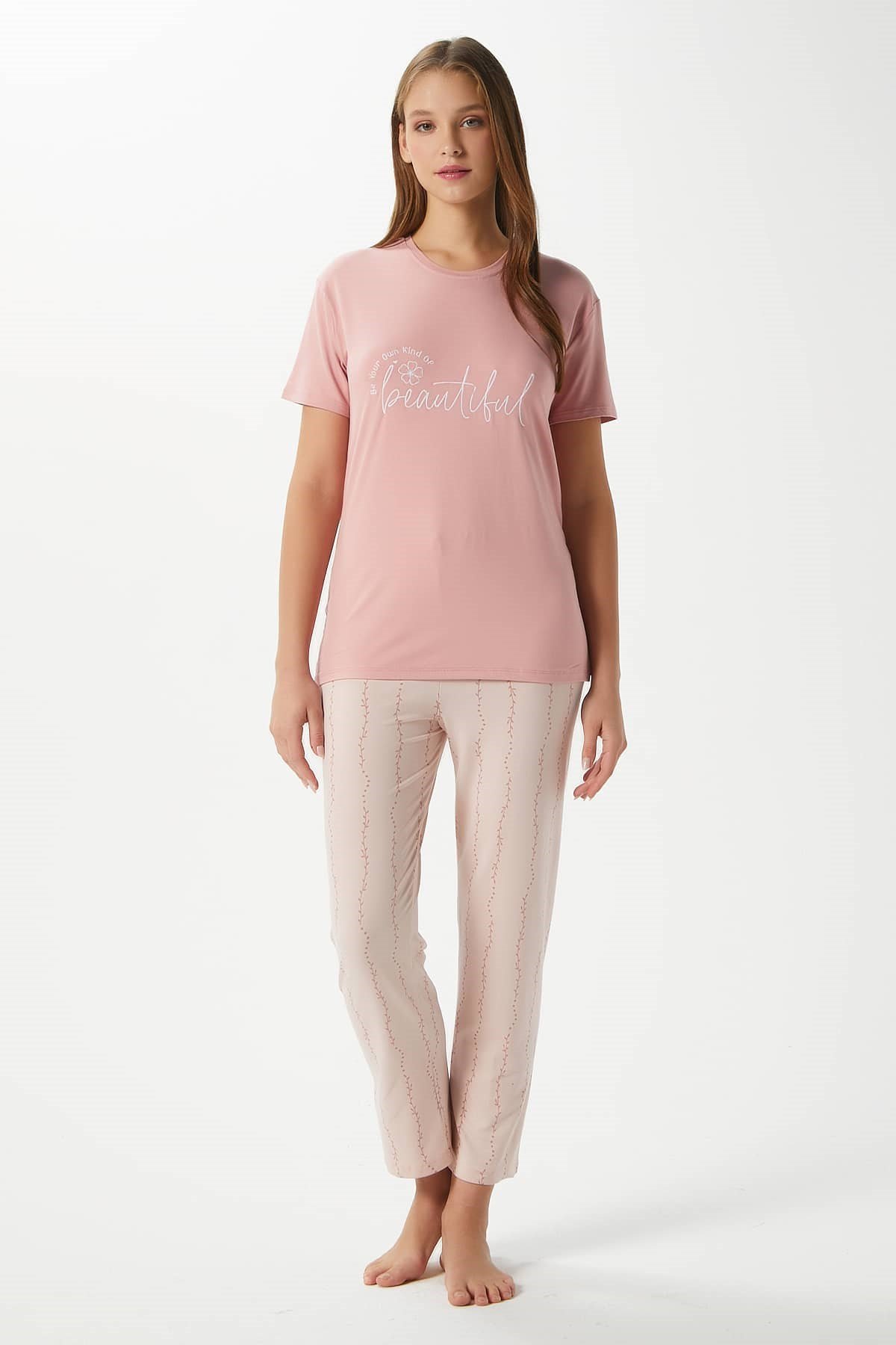 Kadın Beautiful Yumuşak Doku Pudra Bisiklet Yaka Kısa Kollu Alt Üst Pijama Takımı