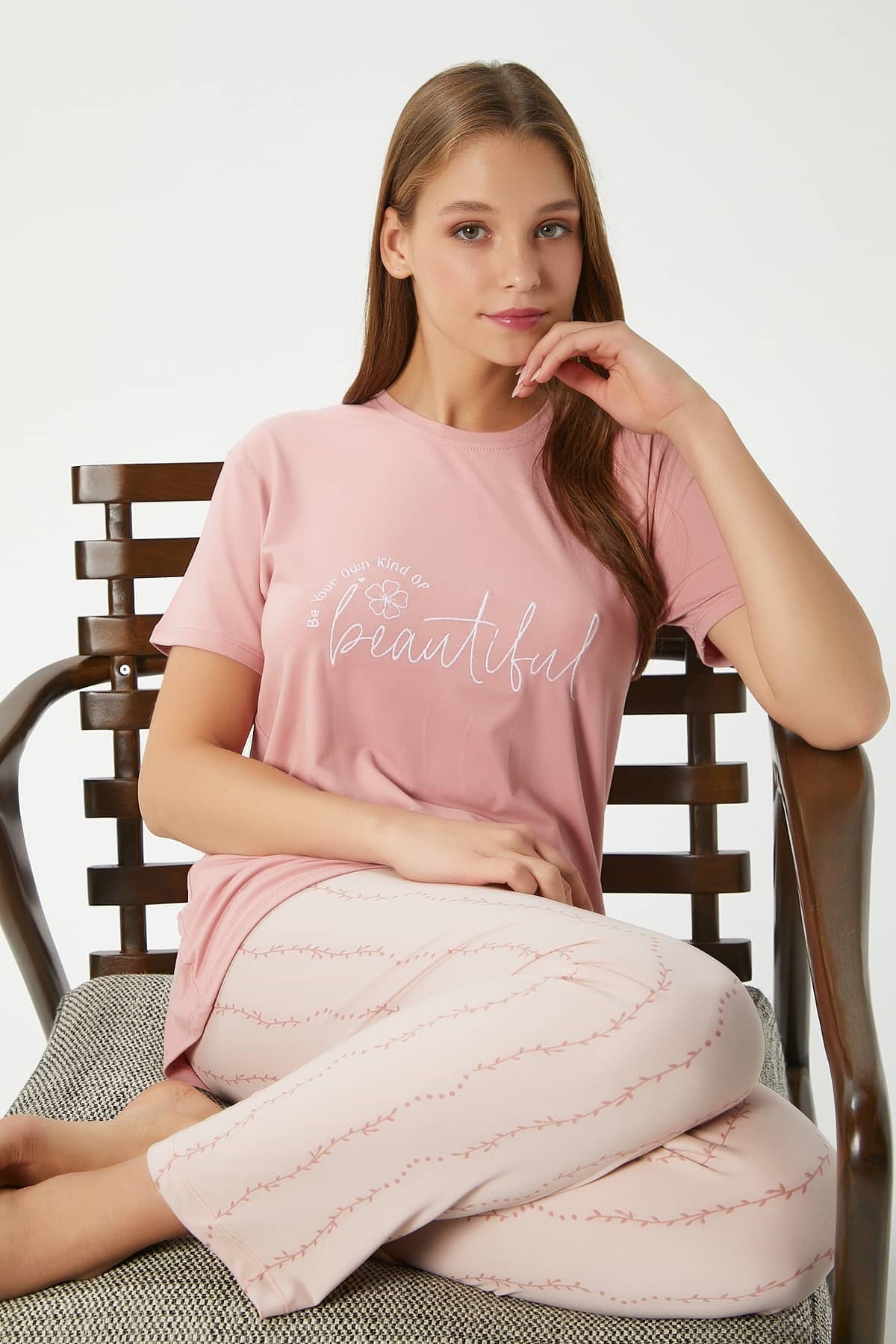 Kadın Beautiful Yumuşak Doku Pudra Bisiklet Yaka Kısa Kollu Alt Üst Pijama Takımı