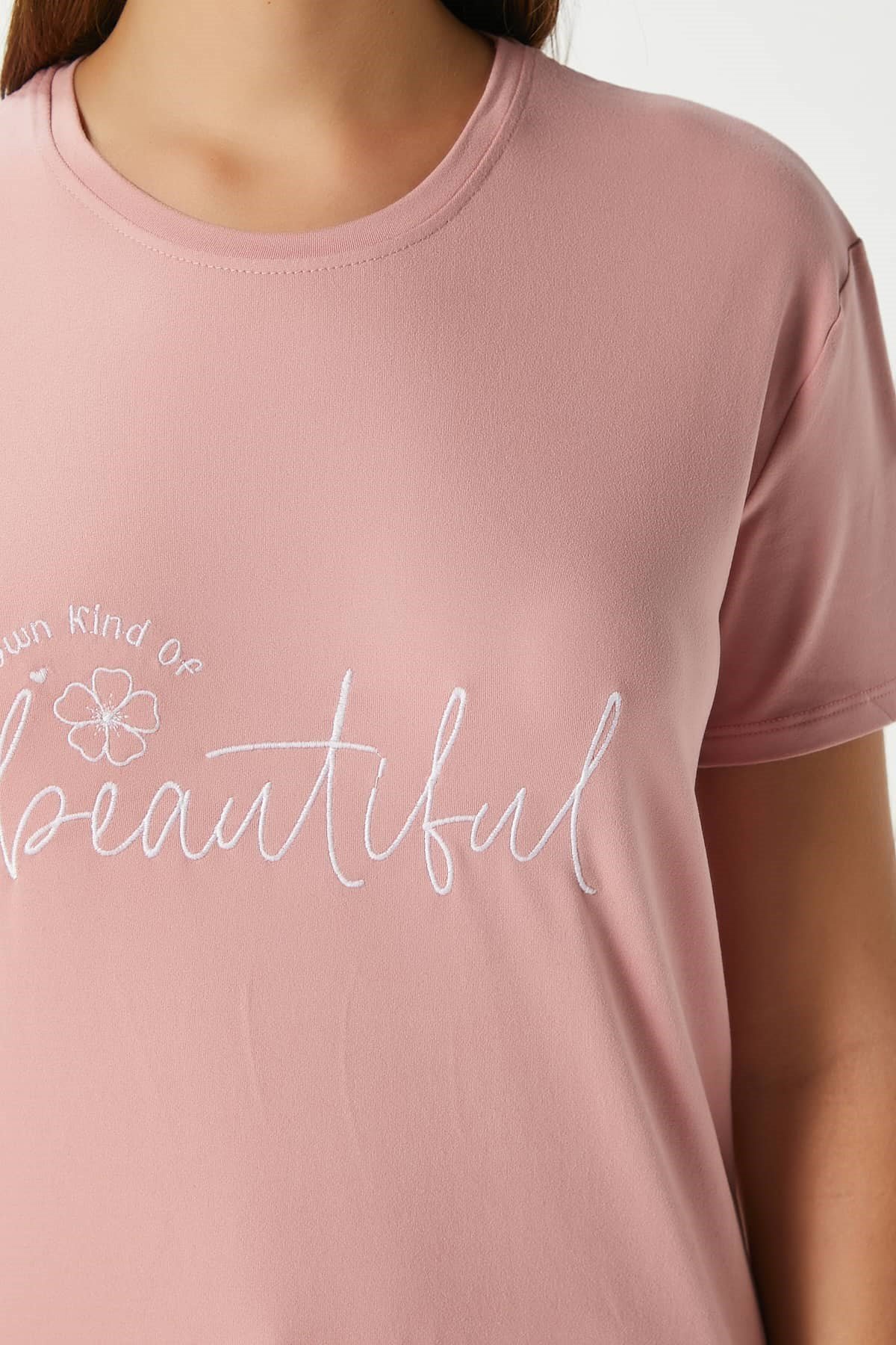 Kadın Beautiful Yumuşak Doku Pudra Bisiklet Yaka Kısa Kollu Alt Üst Pijama Takımı