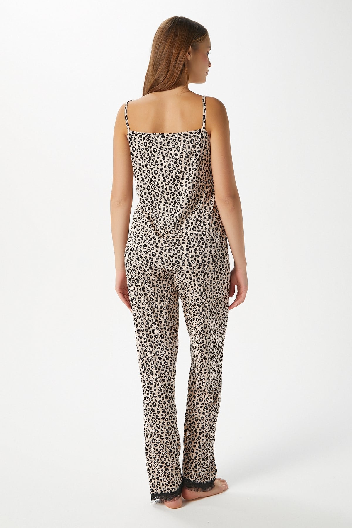 Kadın Betty Leopar 3'lü Paket Sabahlıklı İp Askılı Dantelli Fitilli Örme Pijama Takımı 