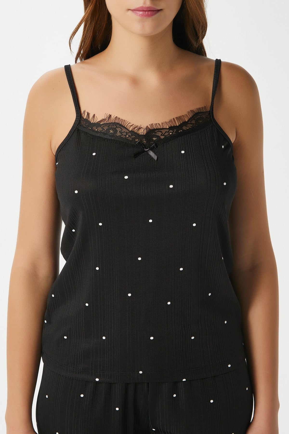 Kadın Betty Siyah Puantiyeli 3'lü Paket Sabahlıklı İp Askılı Dantelli Fitilli Örme Pijama Takımı 