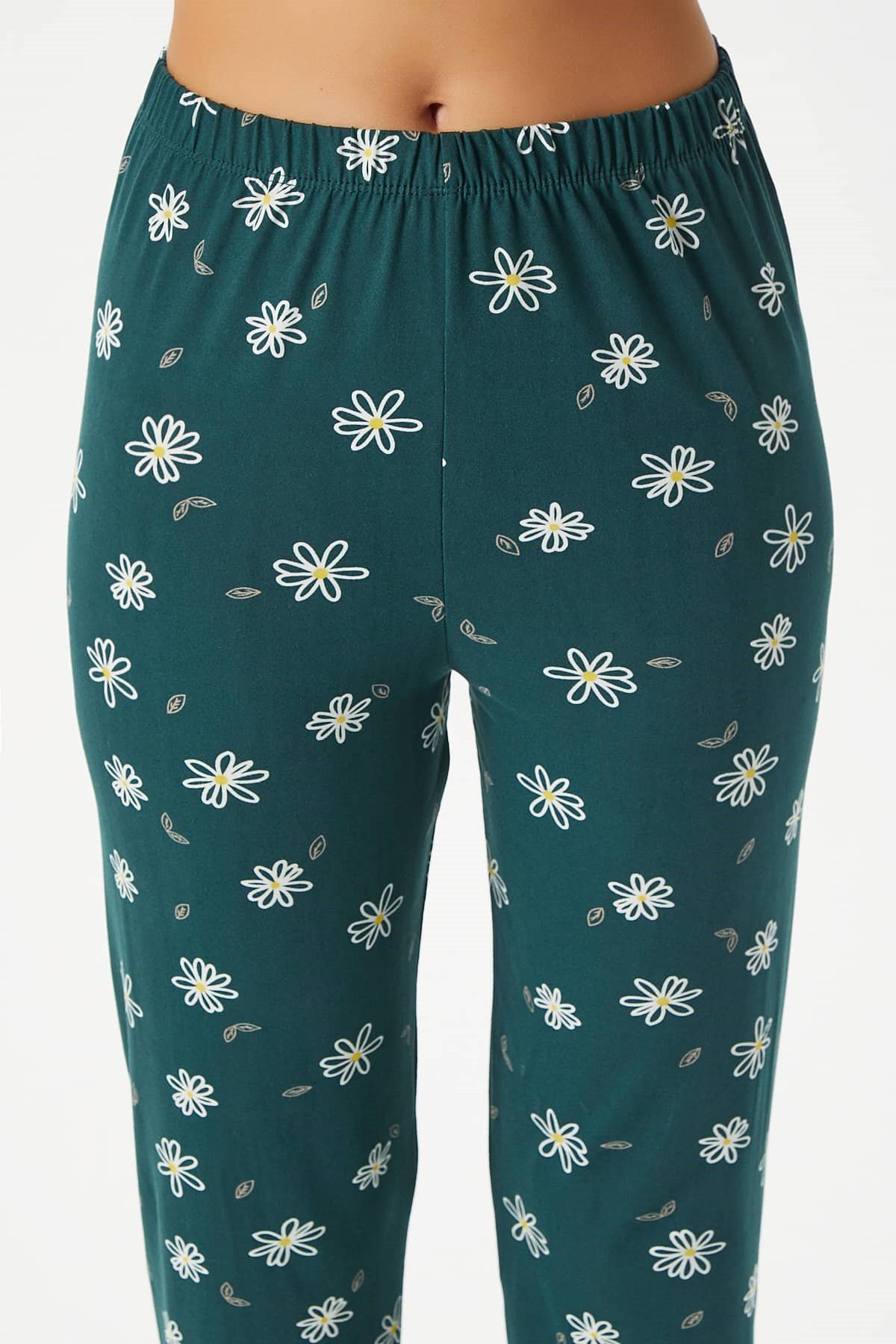 Kadın Bloom Yumuşak Doku Yeşil Çiçek İşlemeli Bisiklet Yaka Kısa Kollu Alt Üst Pijama Takımı