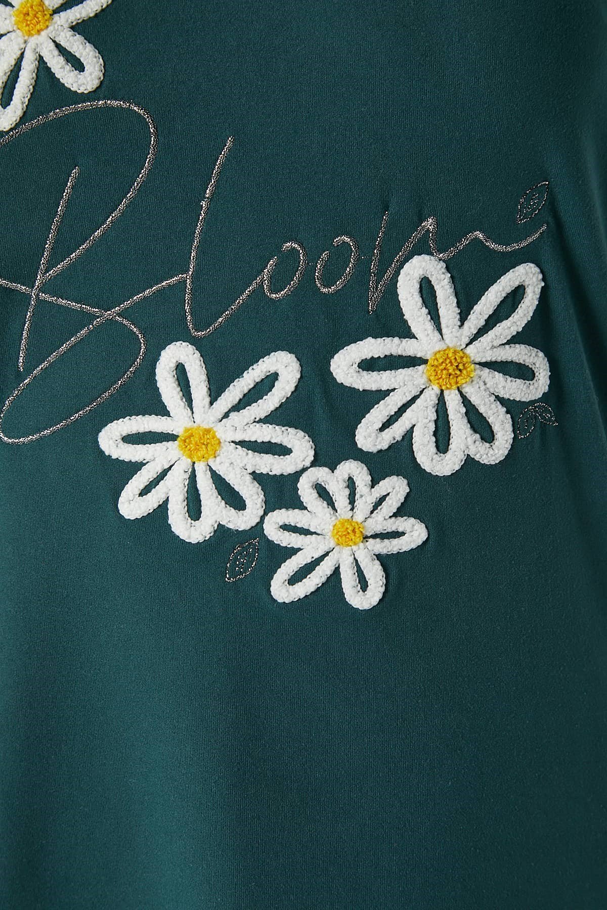 Kadın Bloom Yumuşak Doku Yeşil Çiçek İşlemeli Bisiklet Yaka Kısa Kollu Alt Üst Pijama Takımı