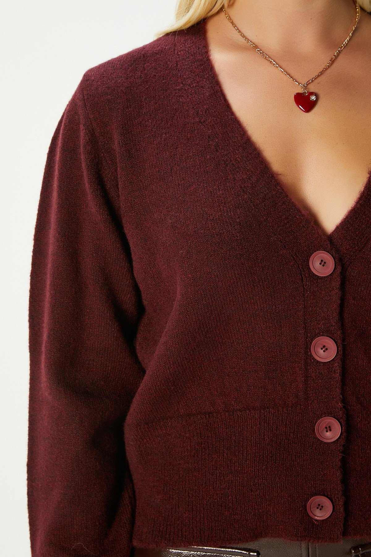 Kadın Bold Yumuşak Doku V yaka Bordo Triko Hırka 70148