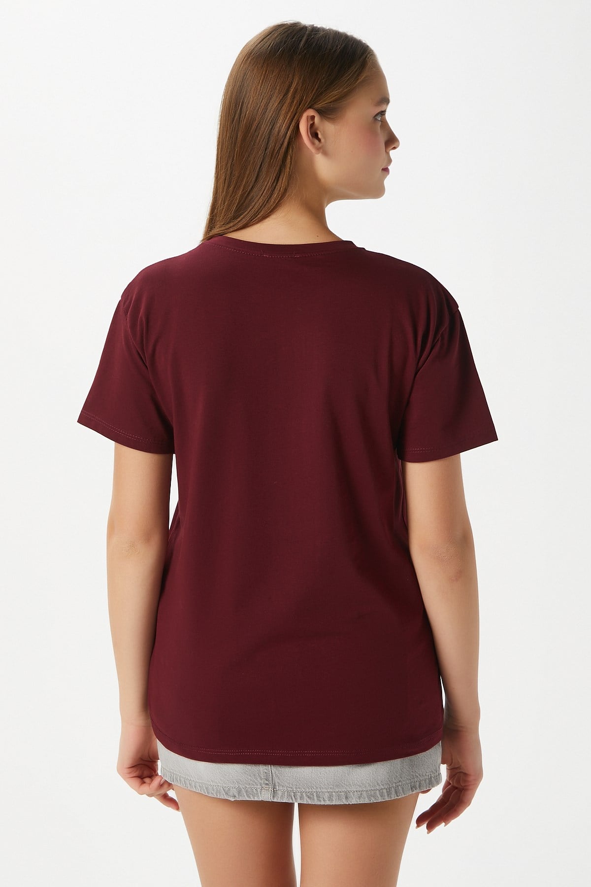 Kadın Chery Bordo Kiraz Dikişli T-Shirt