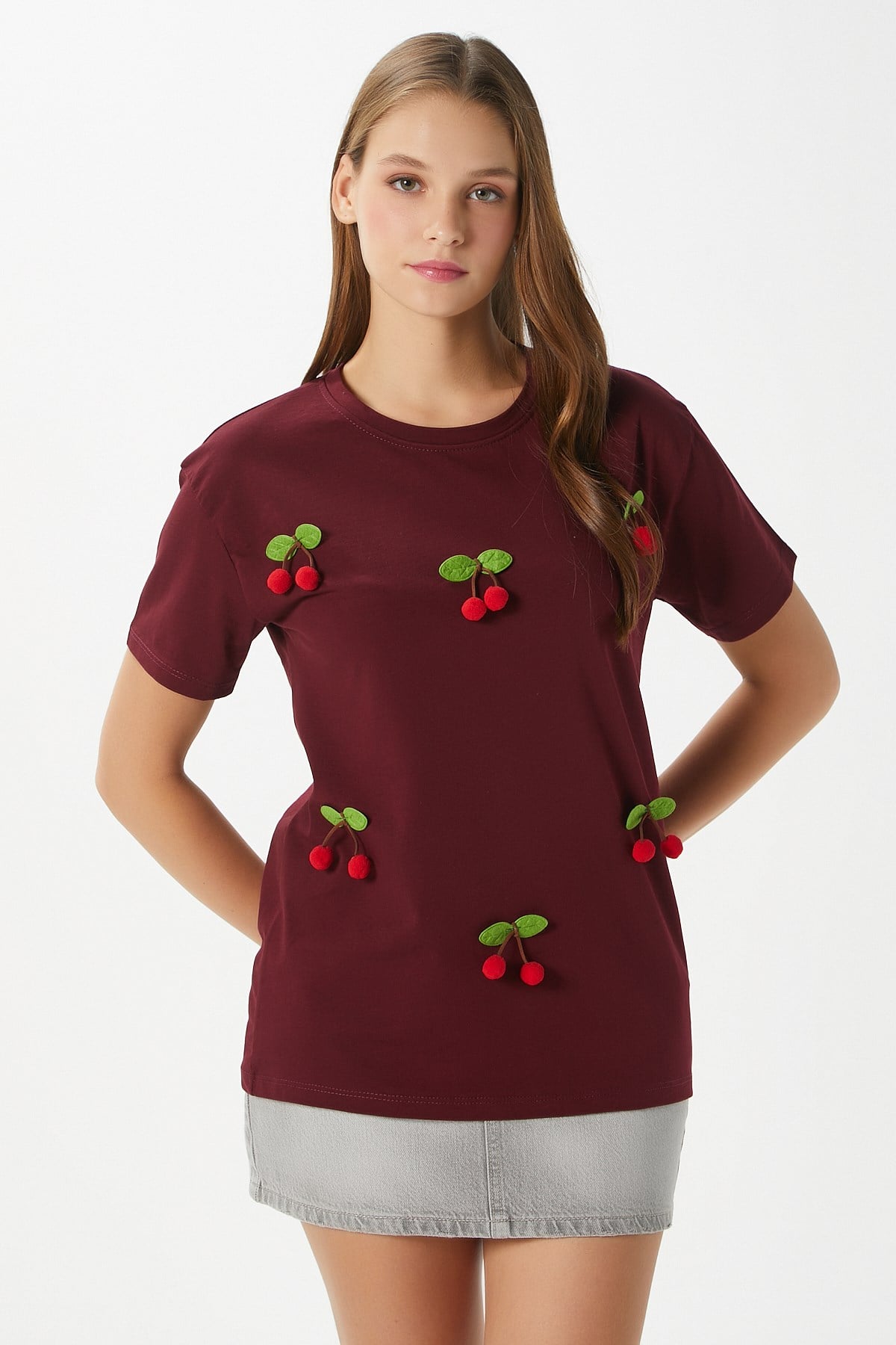 Kadın Chery Bordo Kiraz Dikişli T-Shirt