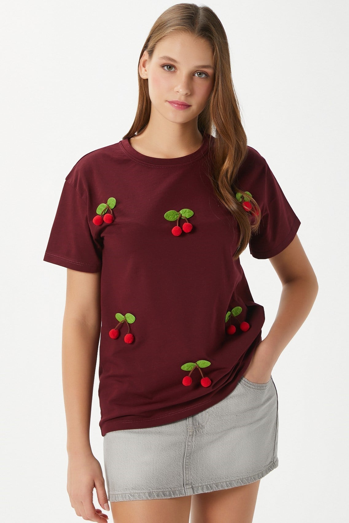 Kadın Chery Bordo Kiraz Dikişli T-Shirt