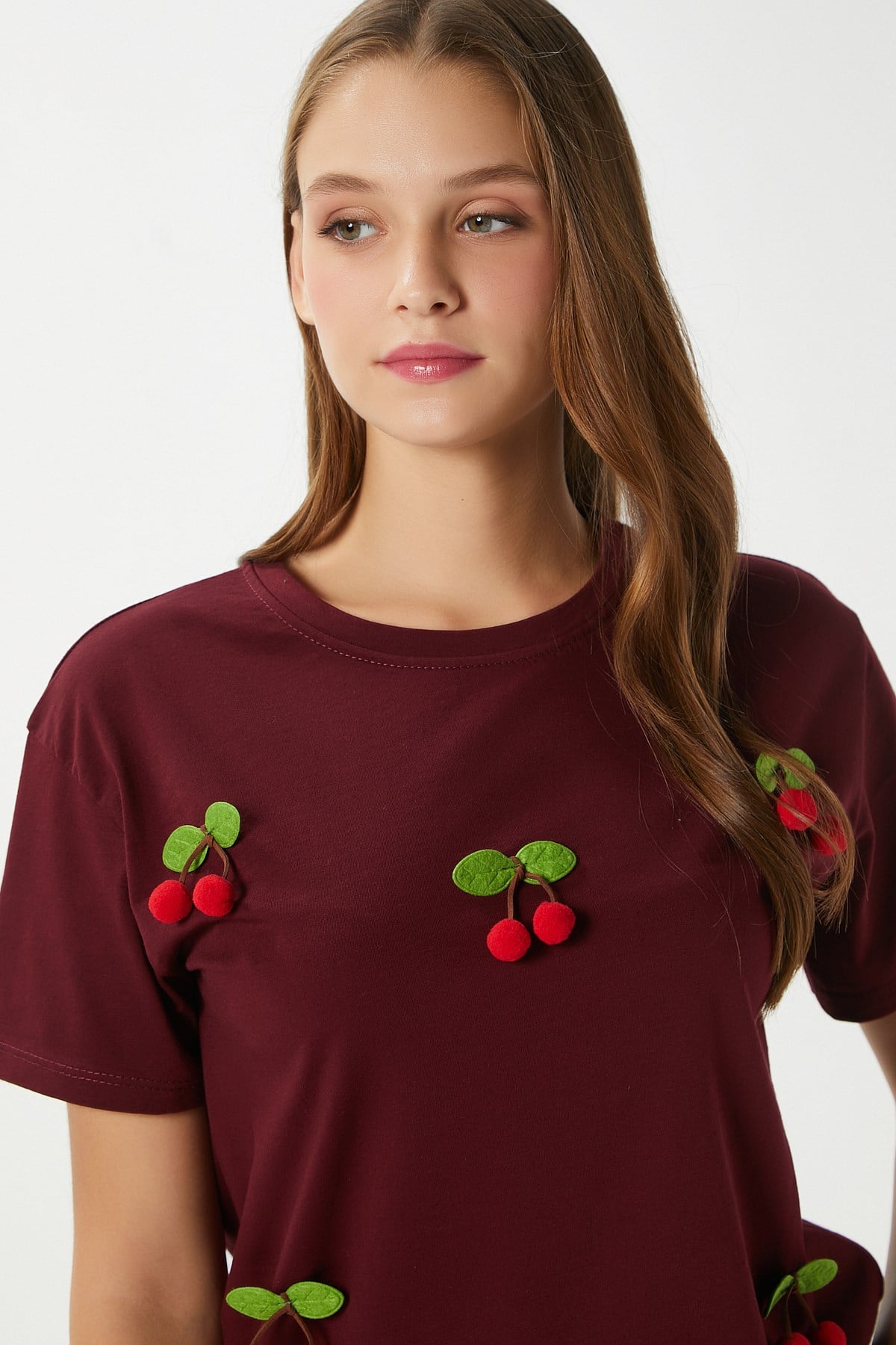 Kadın Chery Bordo Kiraz Dikişli T-Shirt
