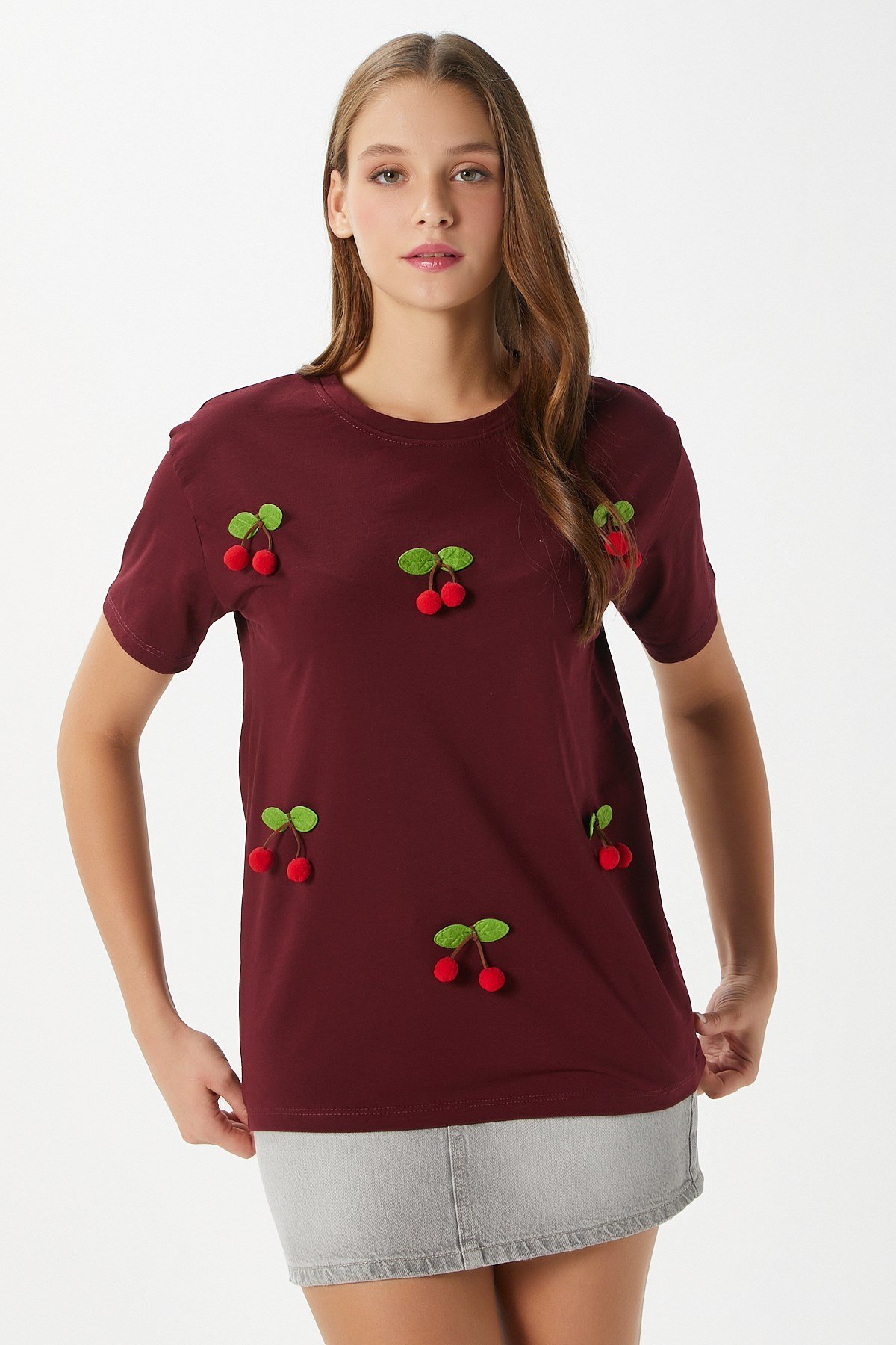 Kadın Chery Bordo Kiraz Dikişli T-Shirt
