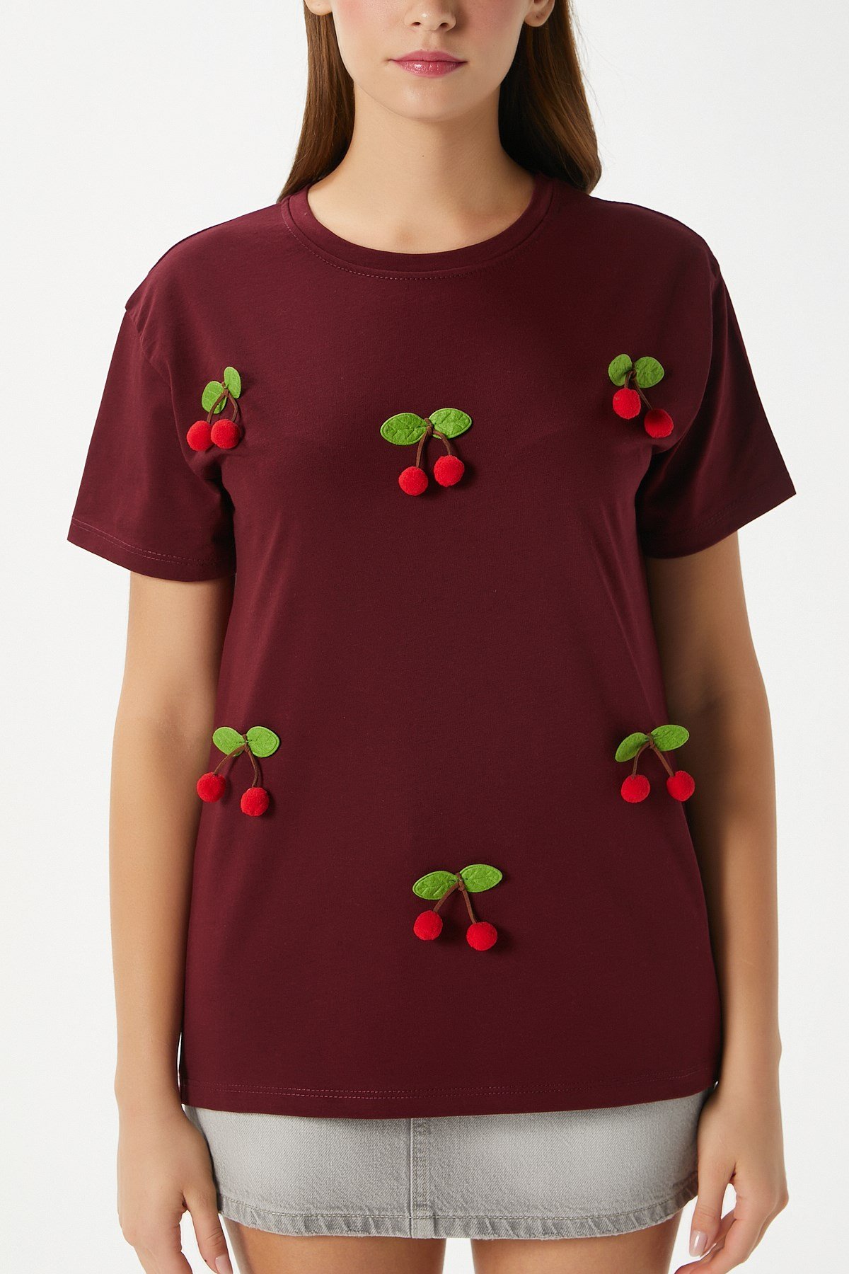 Kadın Chery Bordo Kiraz Dikişli T-Shirt