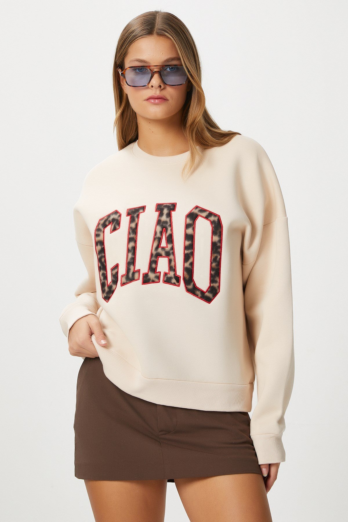 Kadın Ciao Nakışlı İçi Polarlı Leopar Bej Oversize Sweatshirt