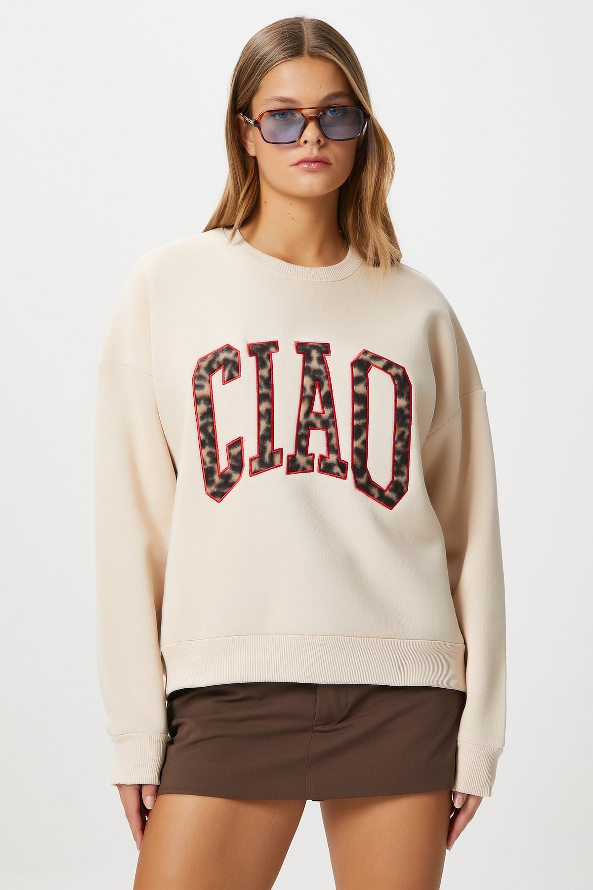 Kadın Ciao Nakışlı İçi Polarlı Leopar Bej Oversize Sweatshirt