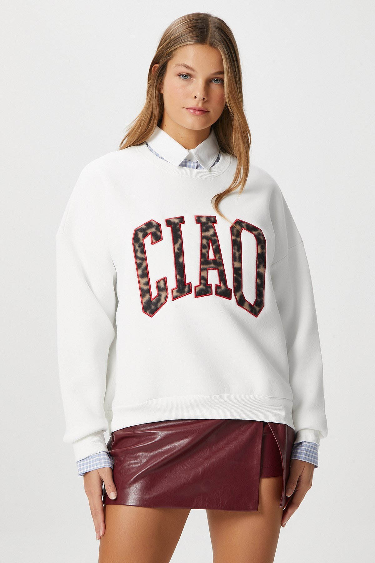 Kadın Ciao Nakışlı İçi Polarlı Leopar Ekru Oversize Seeatshirt