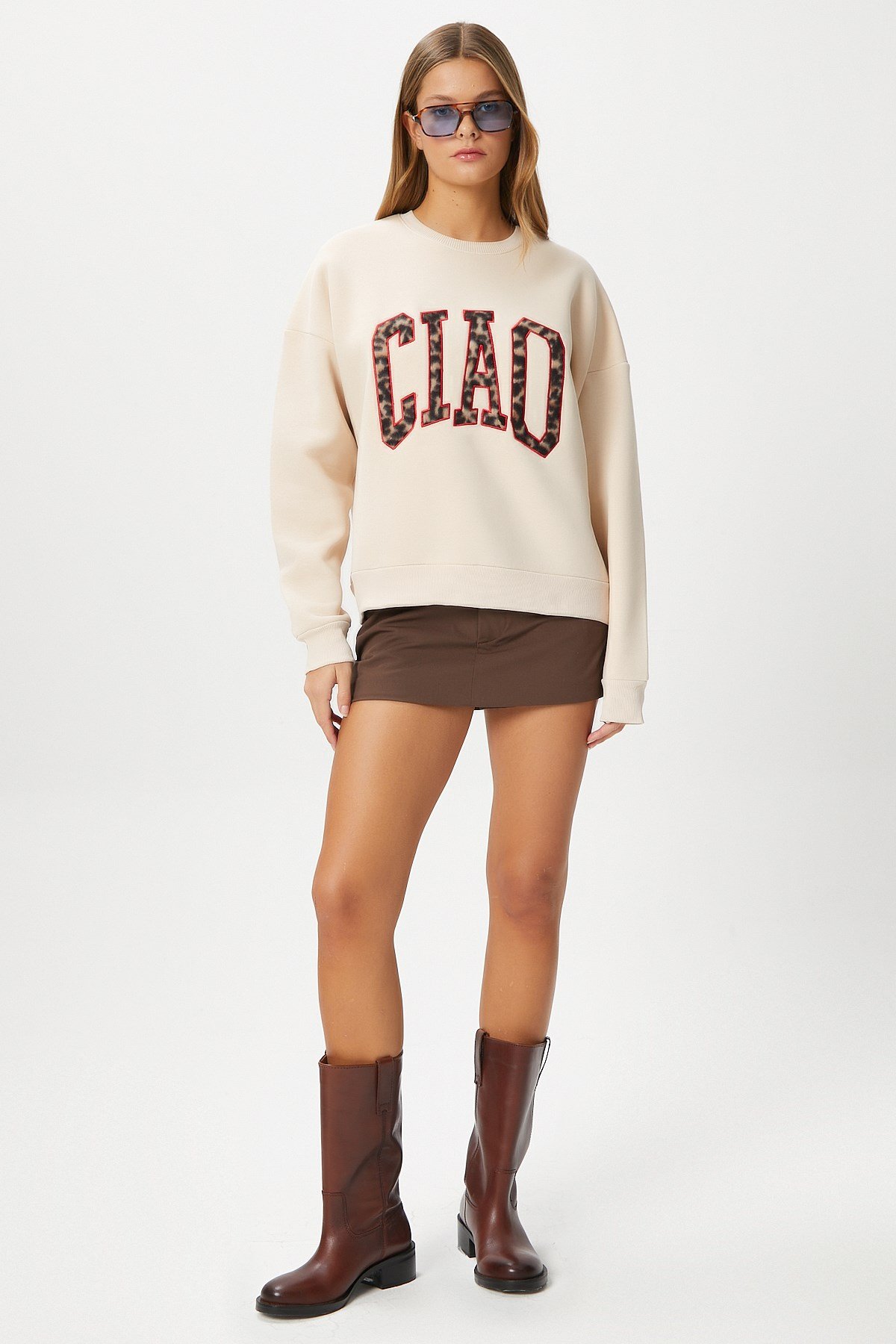 Kadın Ciao Nakışlı İçi Polarlı Leopar Bej Oversize Sweatshirt