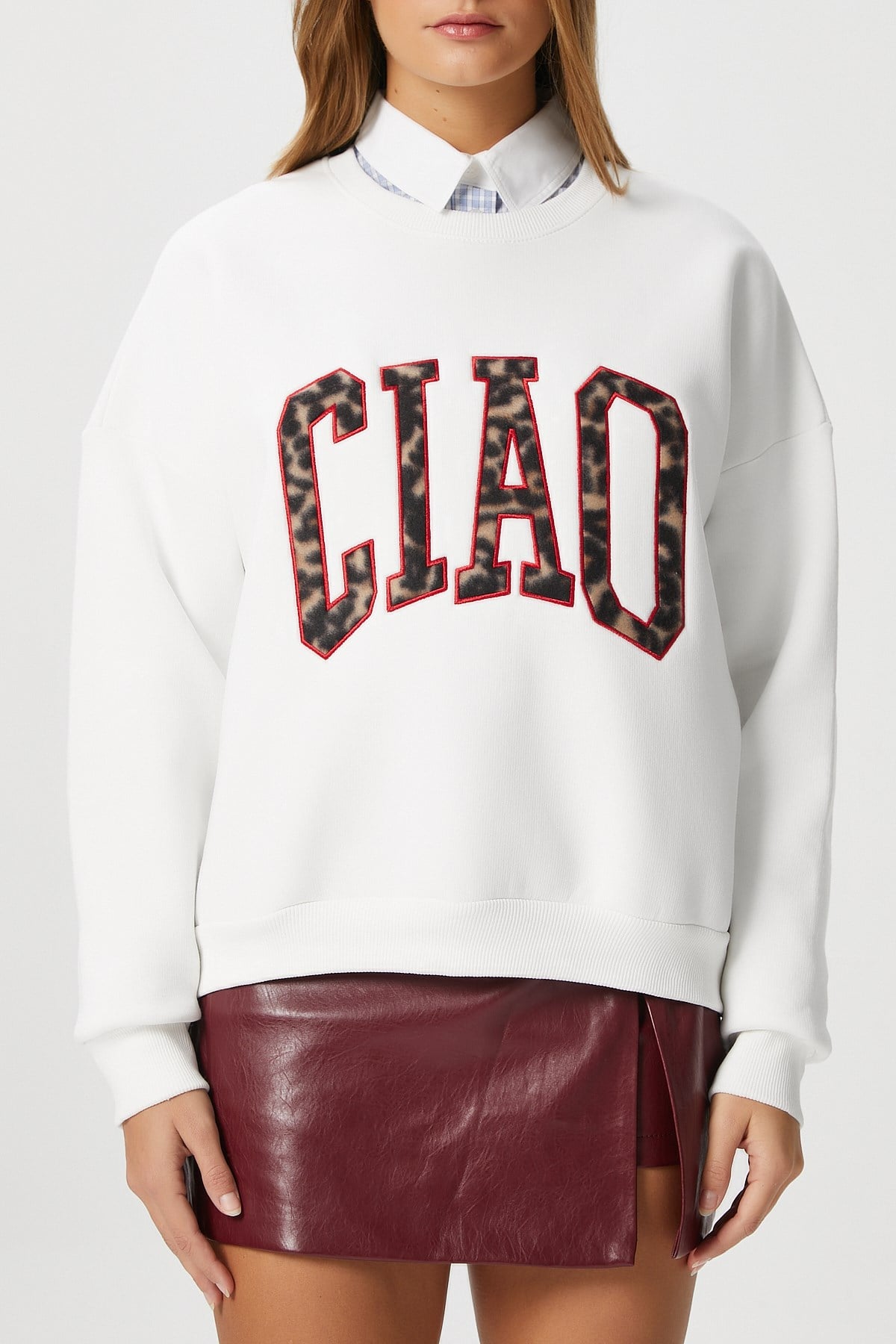 Kadın Ciao Nakışlı İçi Polarlı Leopar Ekru Oversize Seeatshirt