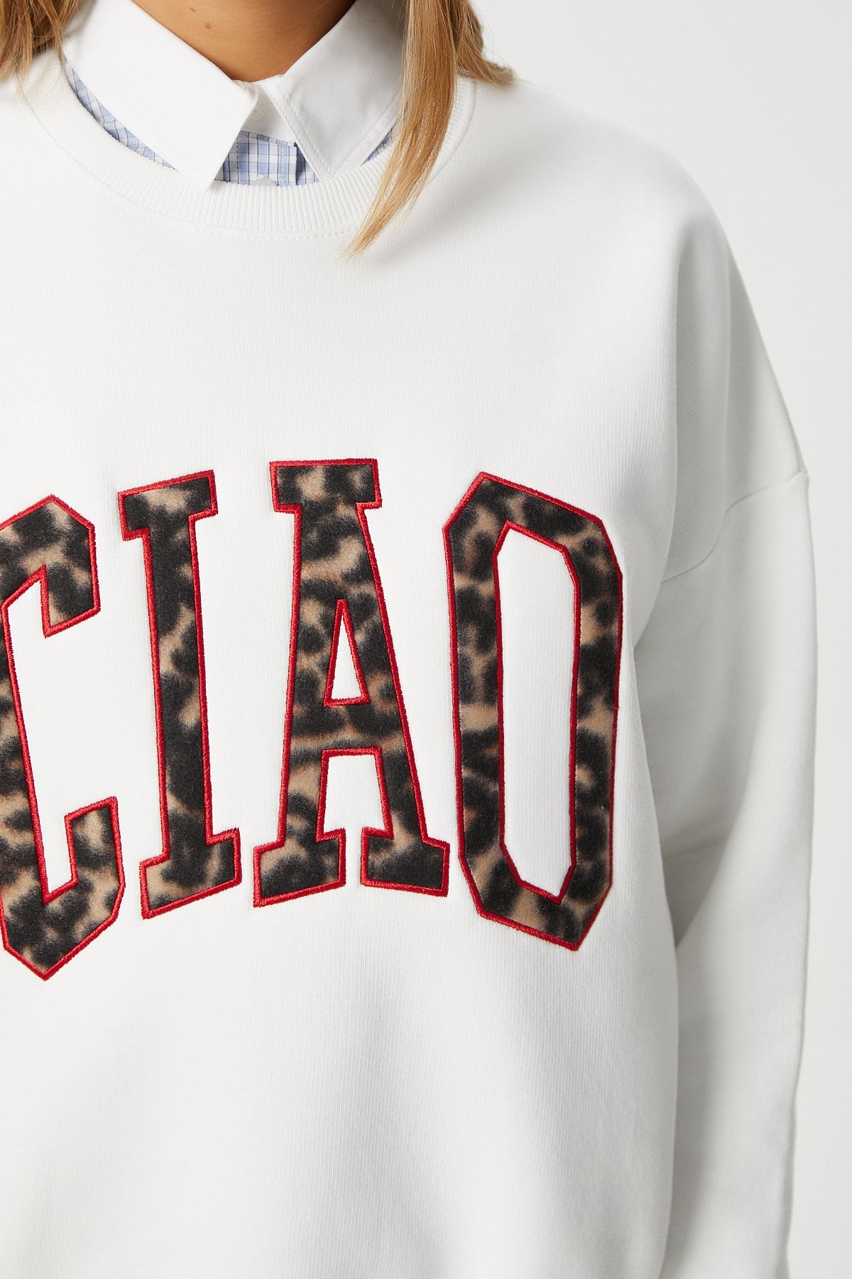 Kadın Ciao Nakışlı İçi Polarlı Leopar Ekru Oversize Seeatshirt