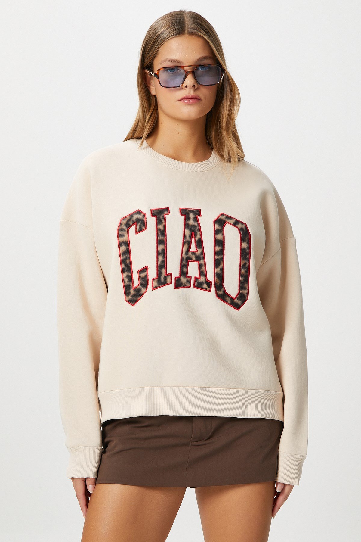 Kadın Ciao Nakışlı İçi Polarlı Leopar Bej Oversize Sweatshirt