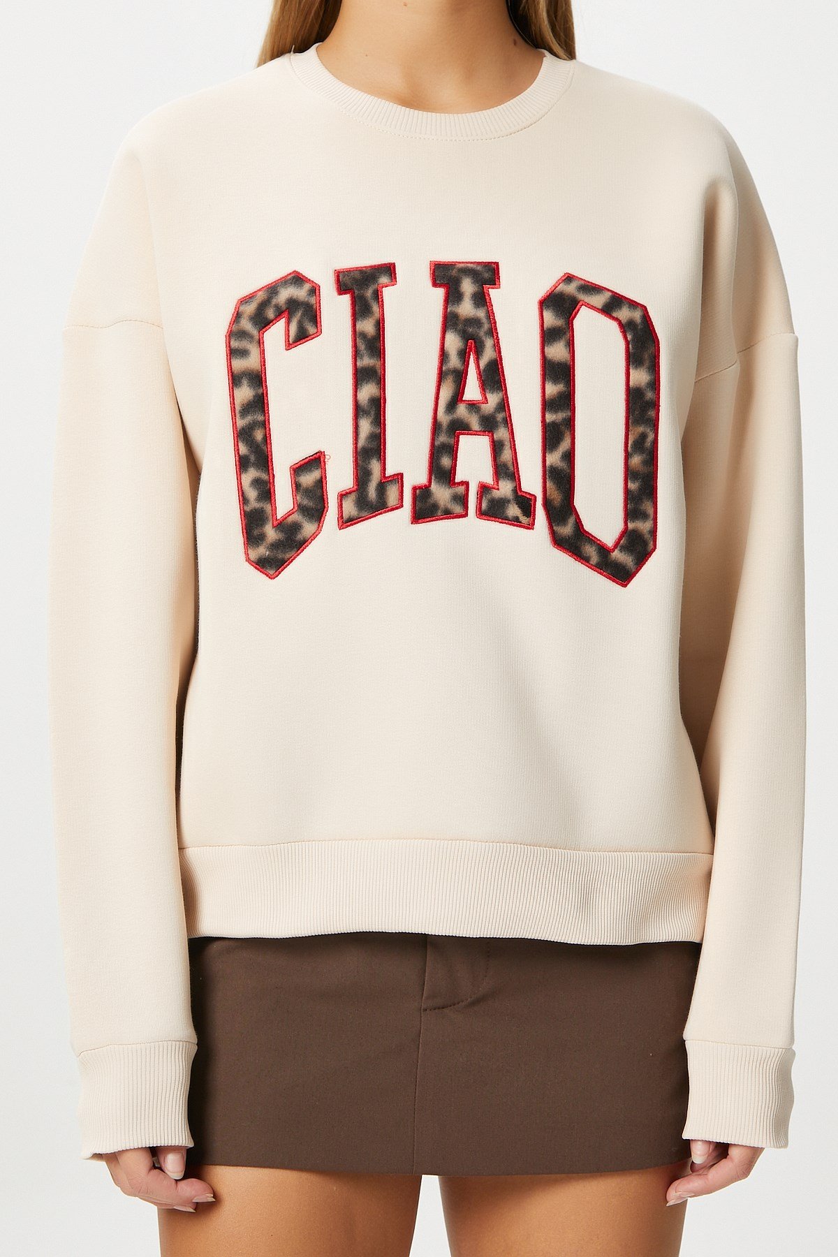 Kadın Ciao Nakışlı İçi Polarlı Leopar Bej Oversize Sweatshirt