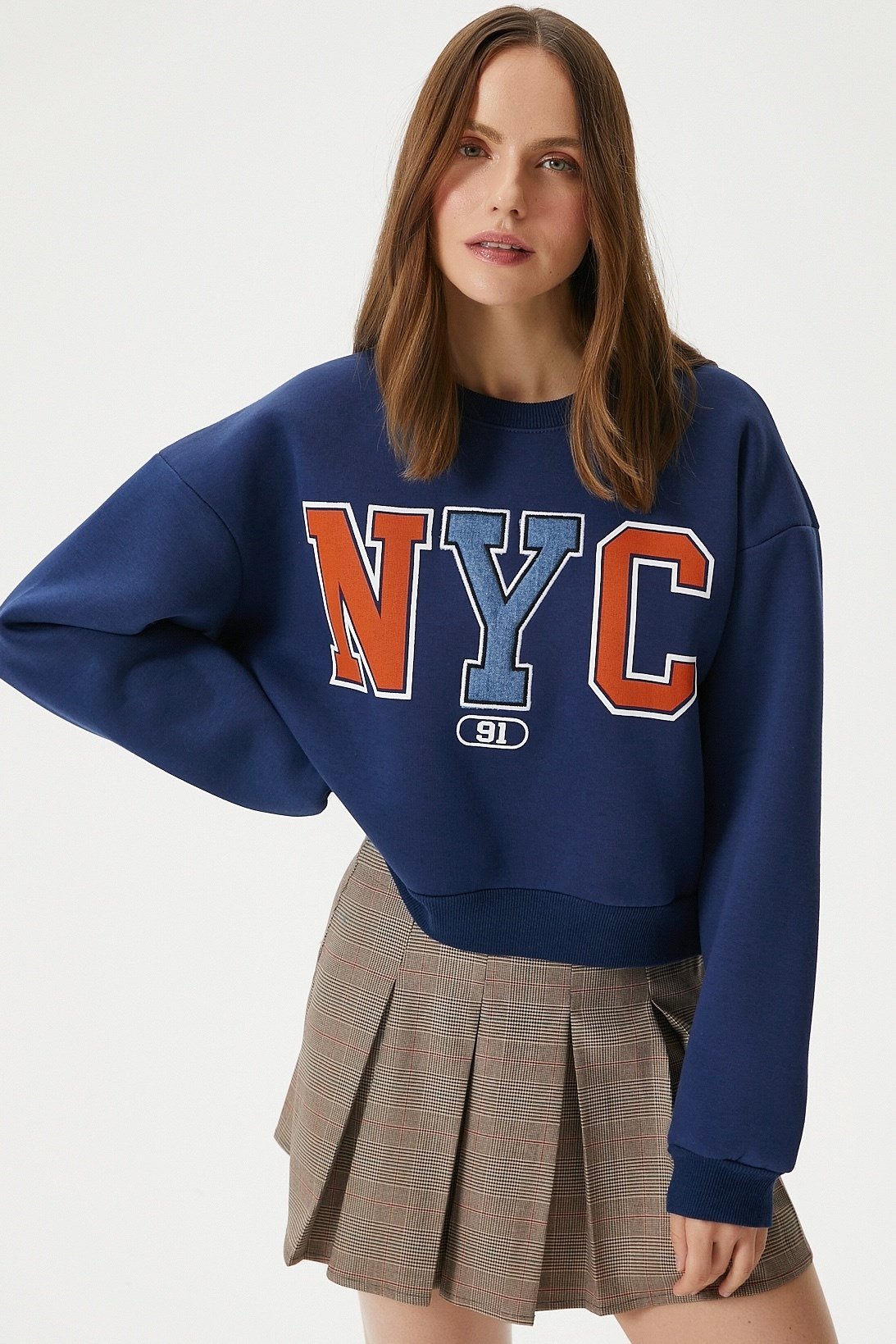 Kadın Cool Lacivert Turuncu Şardonlu  Sweatshirt 