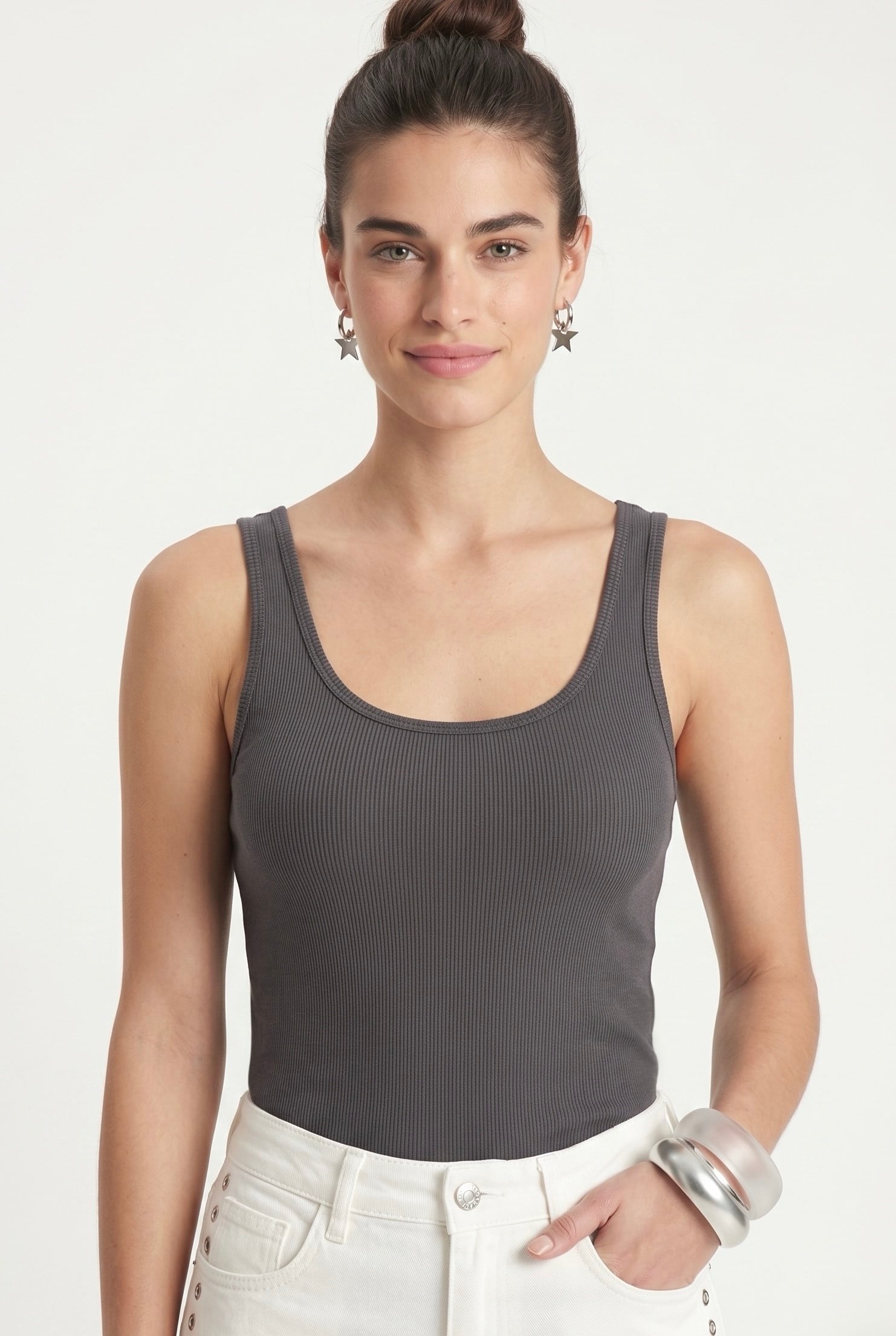 Kadın Cotton Premium Doku Antrasit Pamuklu Basic Fitilli Atlet